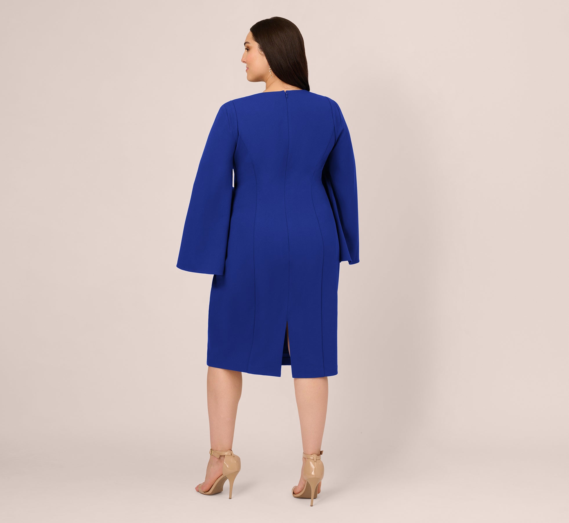 Royal Sapphire Adrianna Papell AP1D105577 V-Neck Knee-Length Crepe Cocktail Dress Split Cape