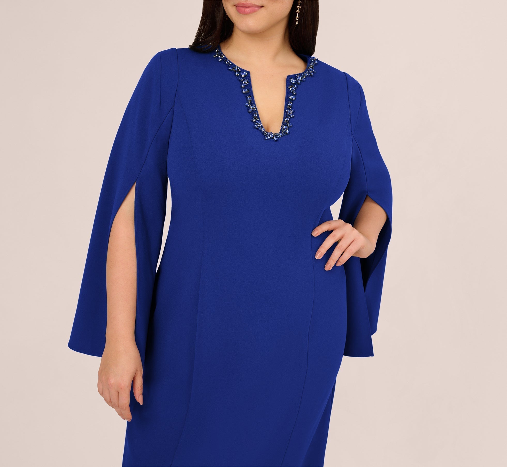 Royal Sapphire Adrianna Papell AP1D105577 V-Neck Knee-Length Crepe Cocktail Dress Split Cape