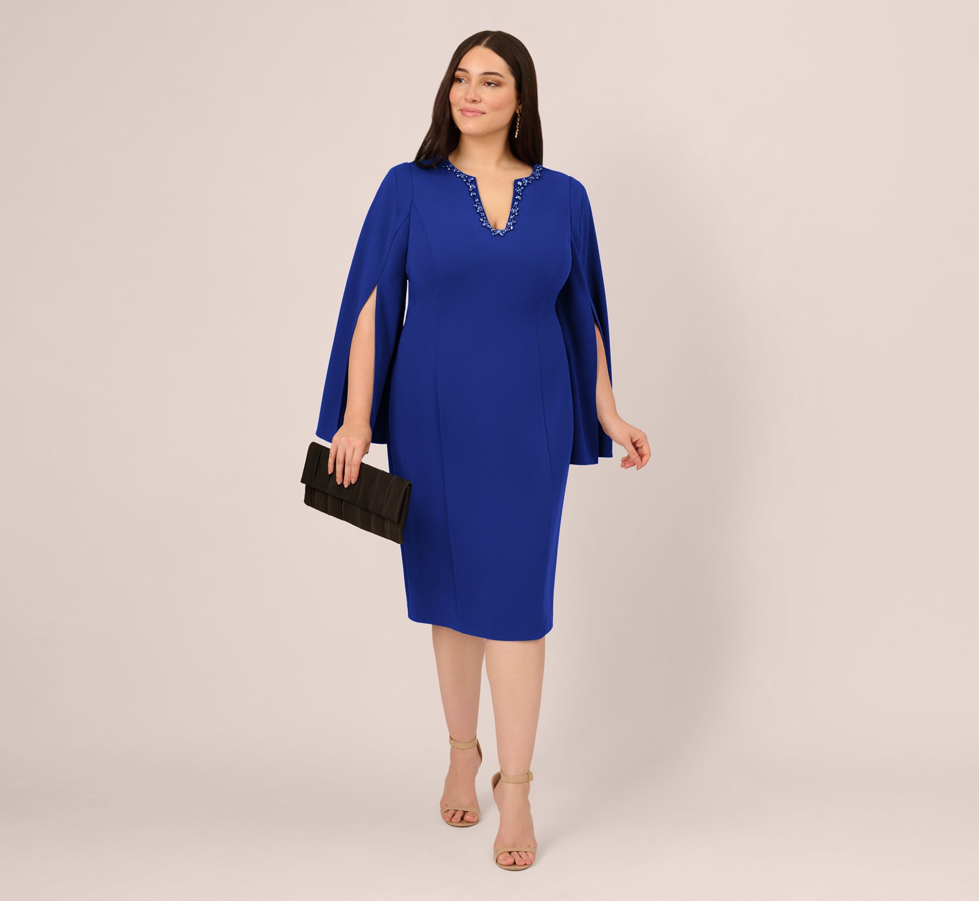 Royal Sapphire Adrianna Papell AP1D105577 V-Neck Knee-Length Crepe Cocktail Dress Split Cape