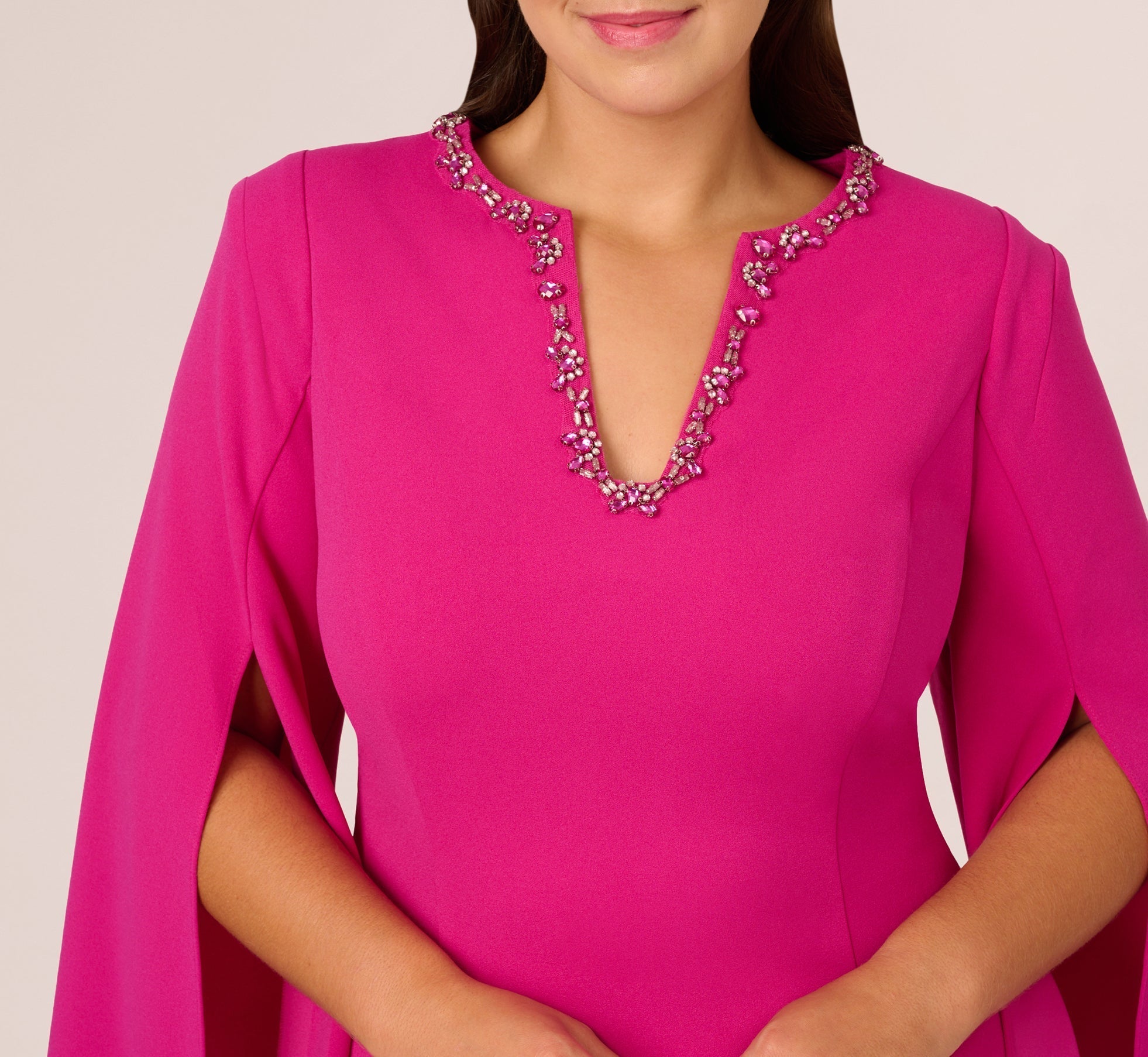 Berry Rose Adrianna Papell AP1D105577 V-Neck Knee-Length Crepe Cocktail Dress Split Cape