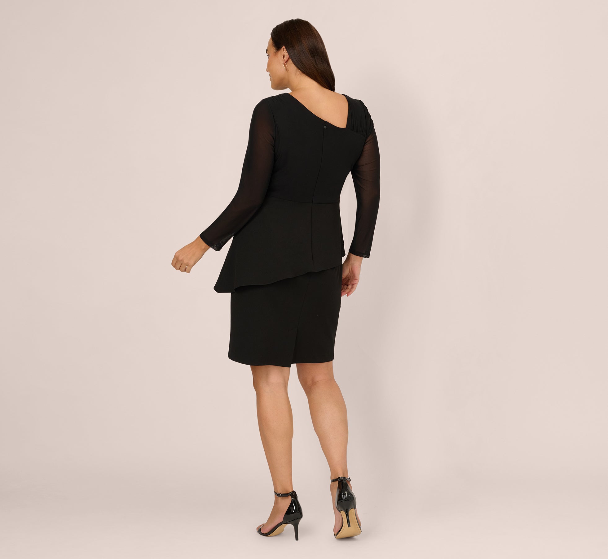 Black Adrianna Papell AP1D106060 Asymmetric Neck Short Cocktail Dress Mesh Long Sleeve