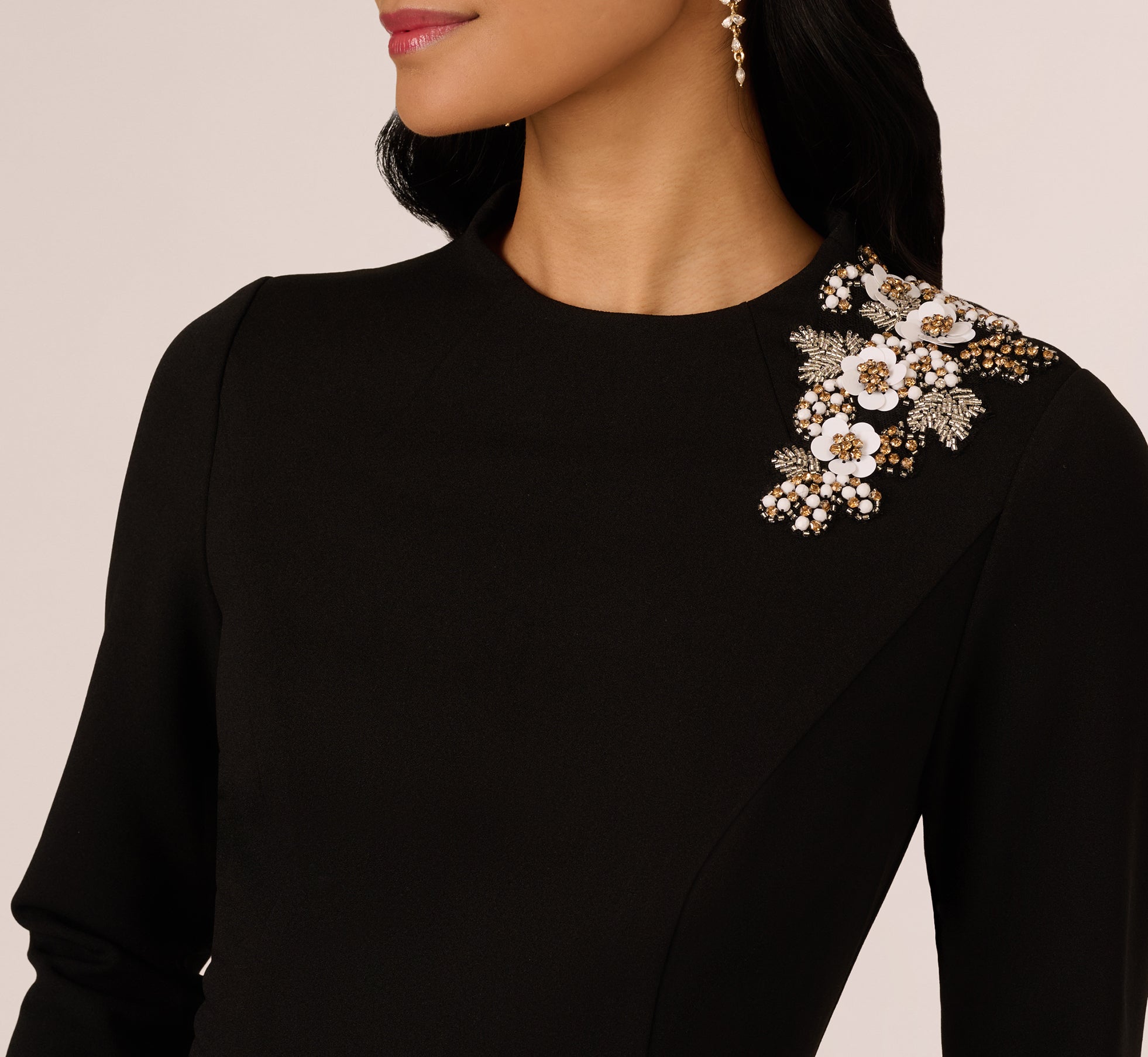 Black Crew Neck Knee-Length Crepe Cocktail Sheath Dress Embellished Shoulder Adrianna Papell AP1D106095