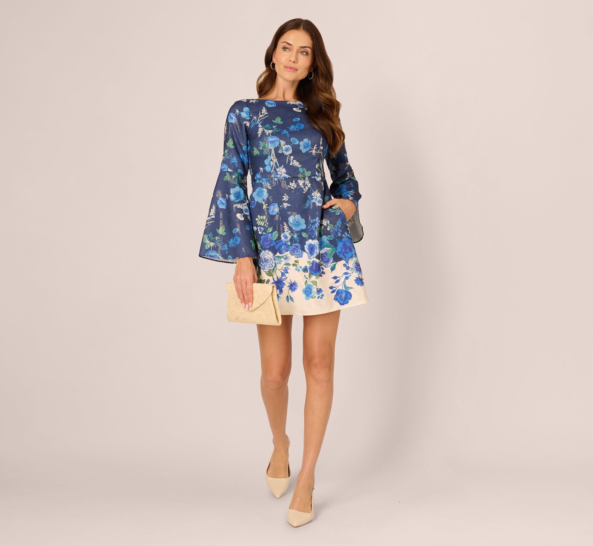 Navy Multi Adrianna Papell AP1D106117 Bateau Short Floral Cocktail Dress Bell Sleeves