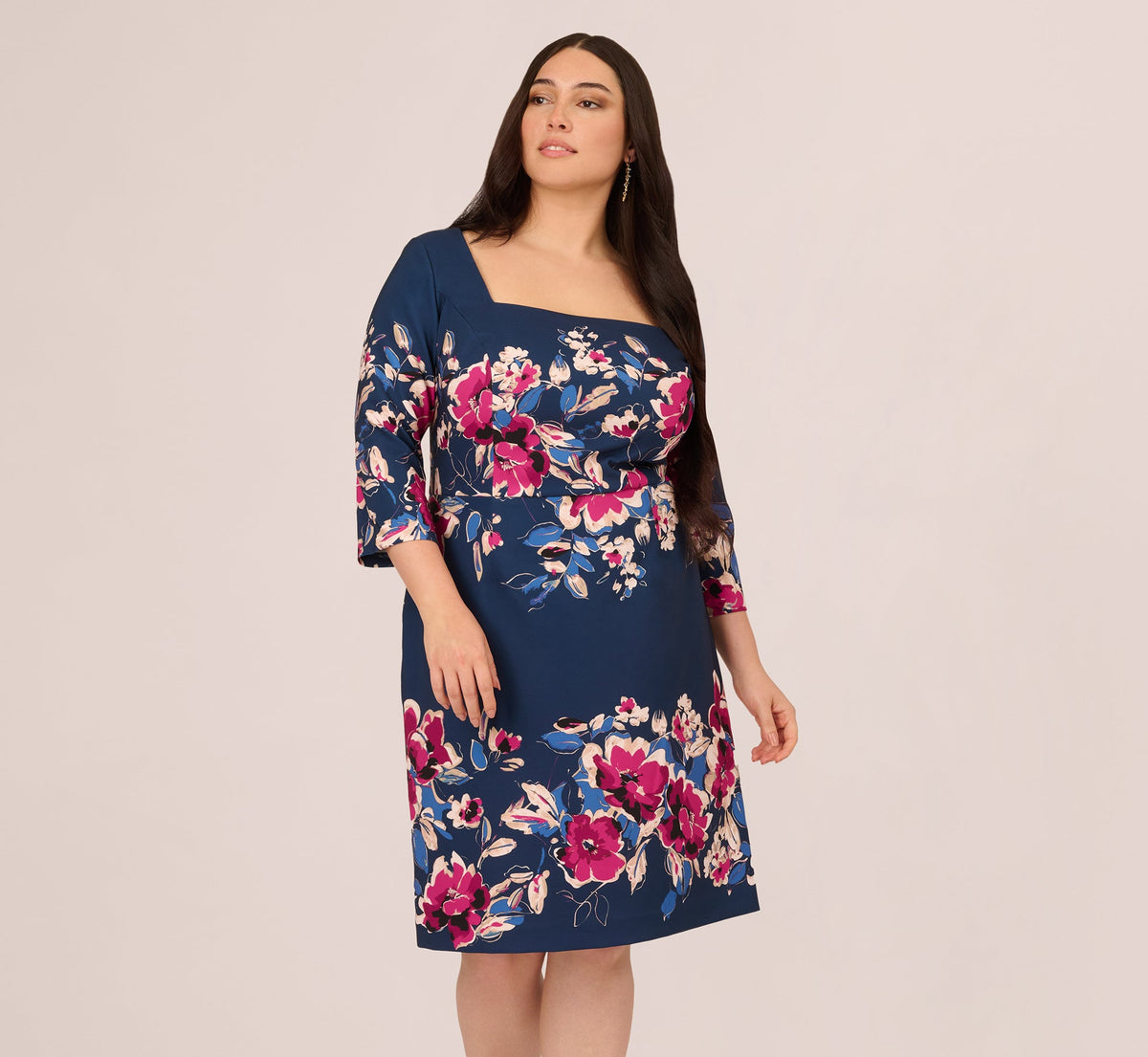 Plus Size Three Quarter Sleeve Floral Sheath Dress Adrianna Papell AP1D106145W