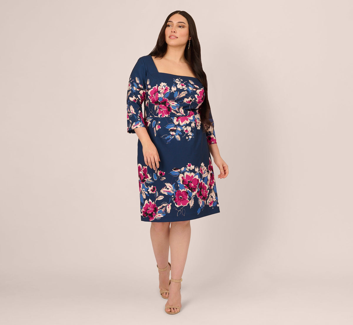 Plus Size Three Quarter Sleeve Floral Sheath Dress Adrianna Papell AP1D106145W