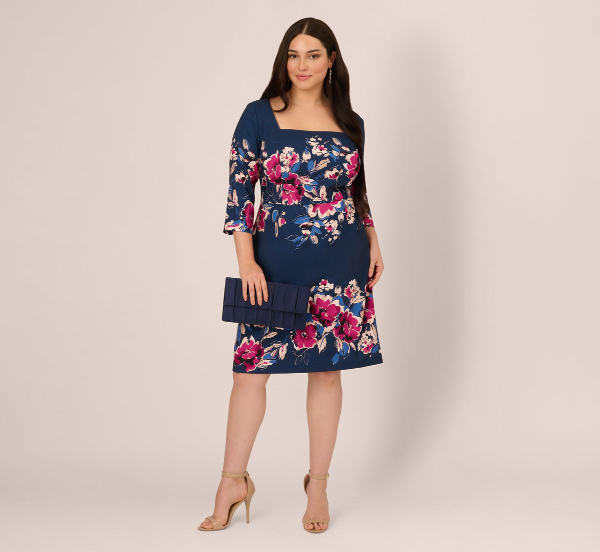 Plus Size Three Quarter Sleeve Floral Sheath Dress Adrianna Papell AP1D106145W