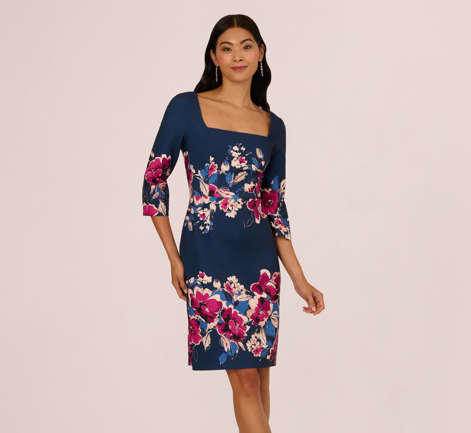 Navy Pink Multi Adrianna Papell AP1D106145 Square-Neck Short Floral Cocktail Dress 3/4 Sleeves