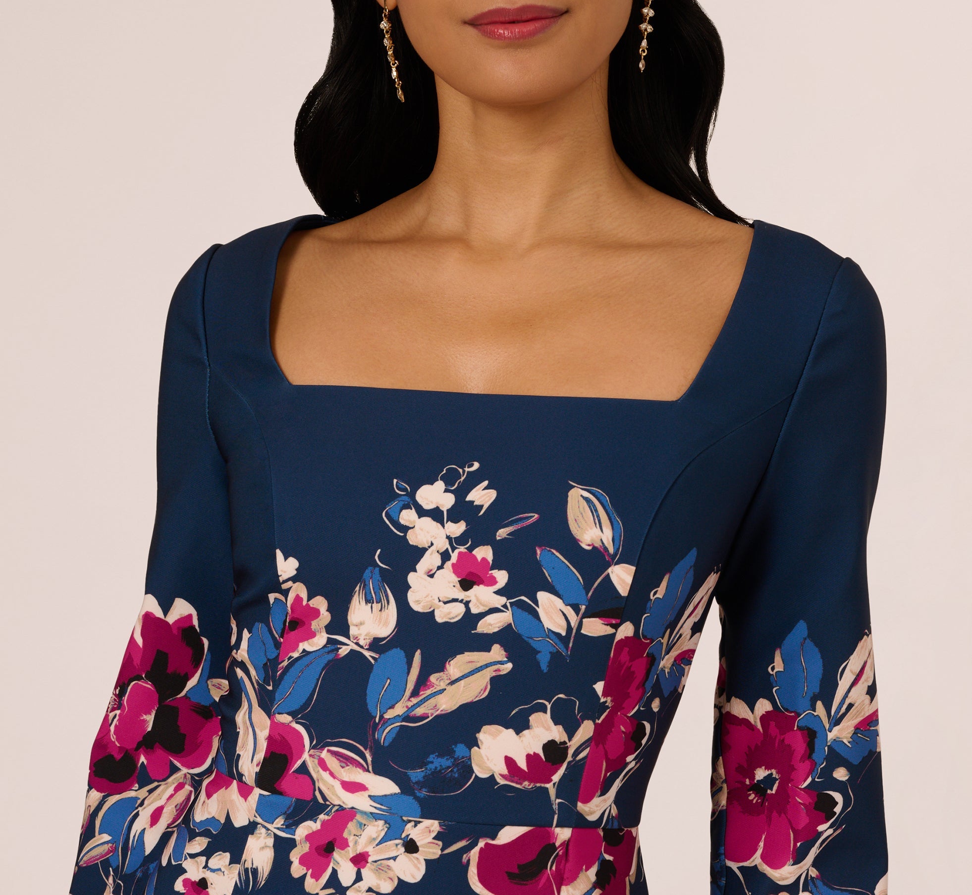 Navy Pink Multi Adrianna Papell AP1D106145 Square-Neck Short Floral Cocktail Dress 3/4 Sleeves