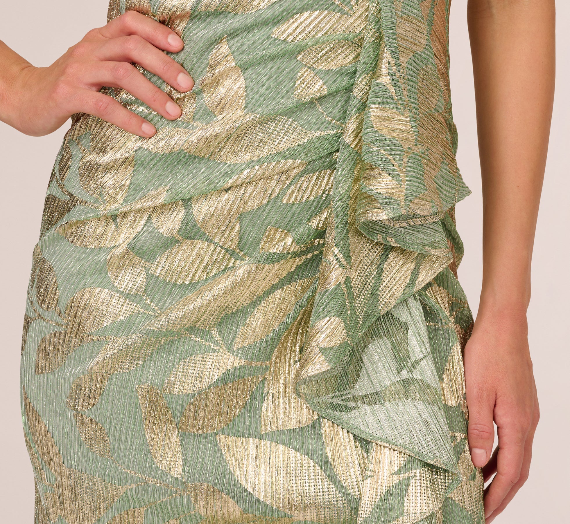 Sage Gold Adrianna Papell AP1E211044 Asymmetrical Long Metallic Jacquard Formal Slit Gown