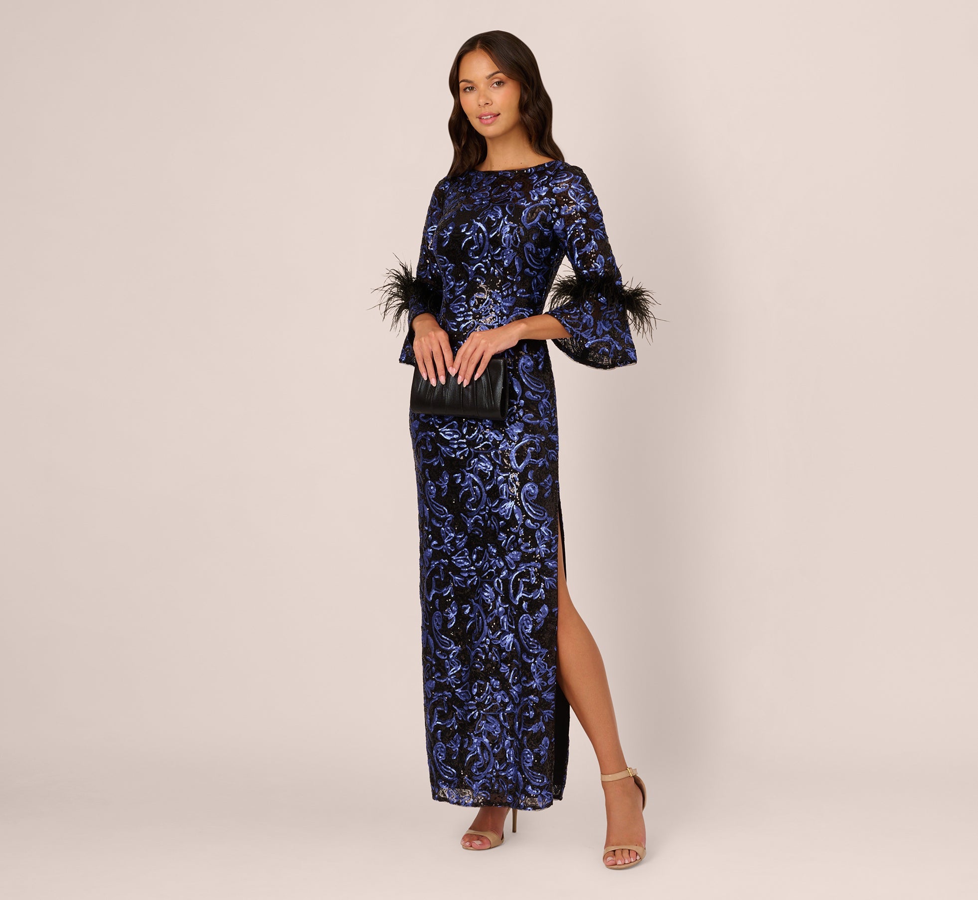 V-Neck Floor-Length Sequin Evening Mermaid Adrianna Papell AP1E211563
