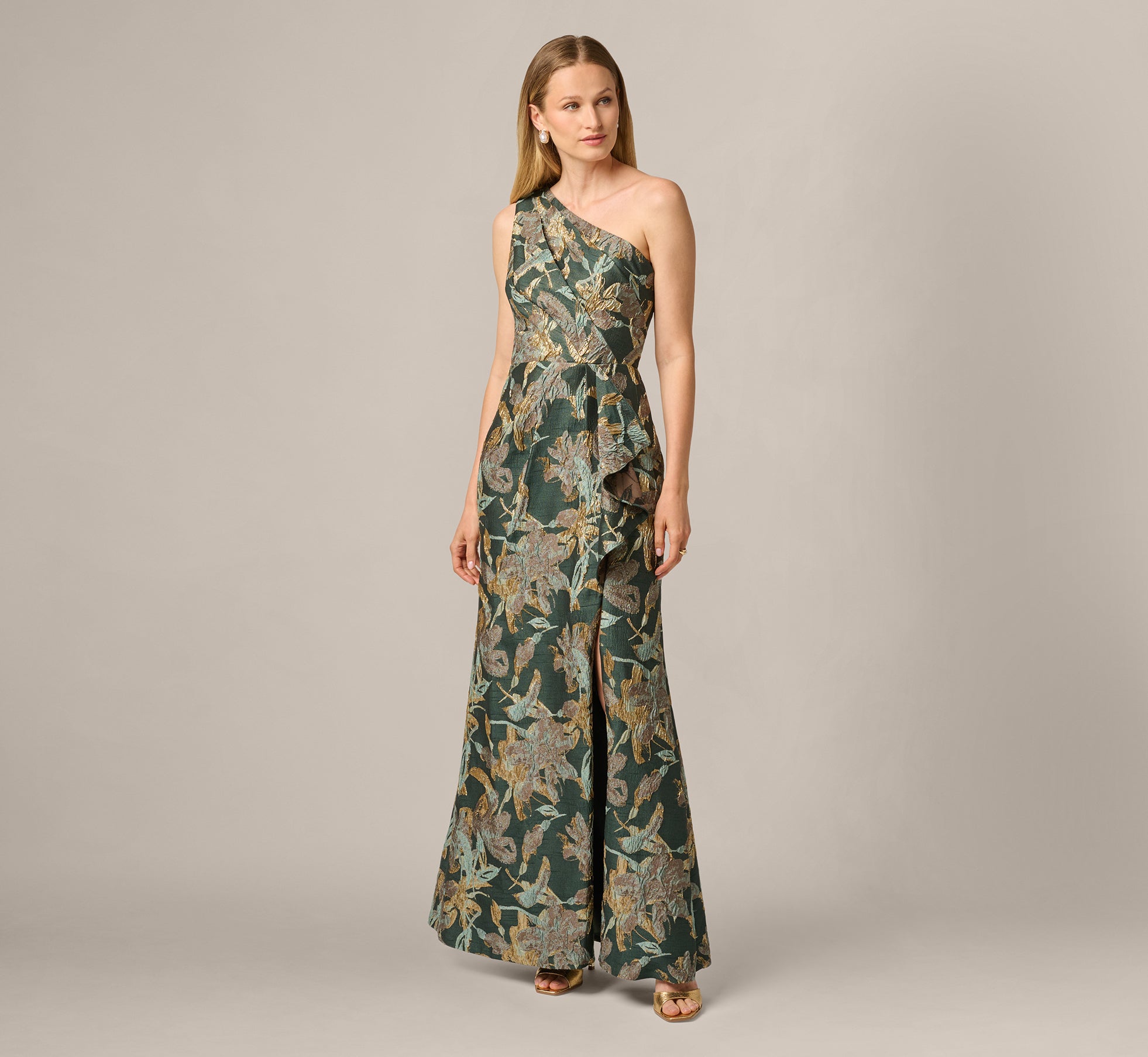Adrianna Papell AP1E211592 Long One Shoulder Floral Dress