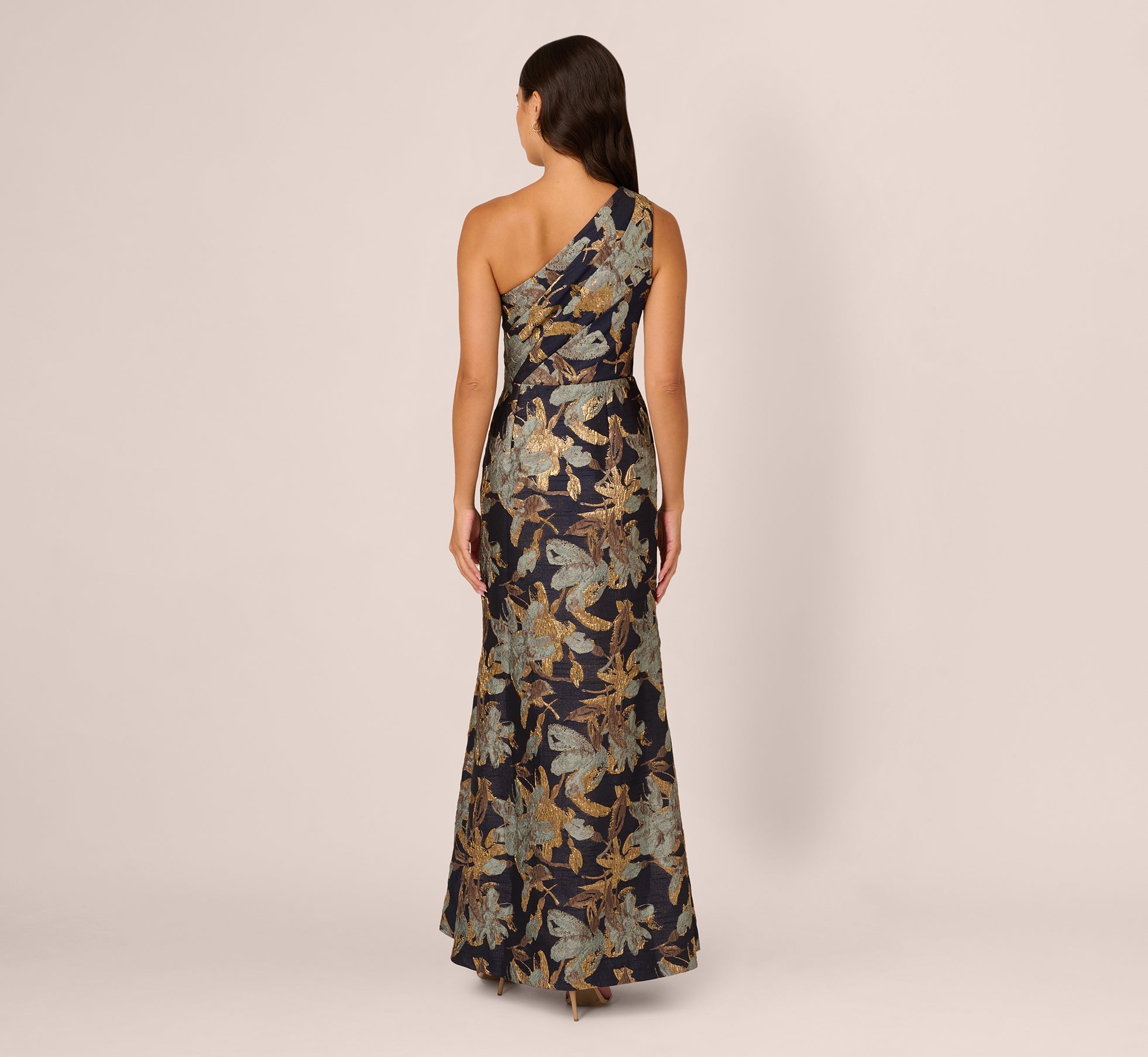 Blue Gold Adrianna Papell AP1E211592 One-Shoulder Long Jacquard Formal Floral Gown