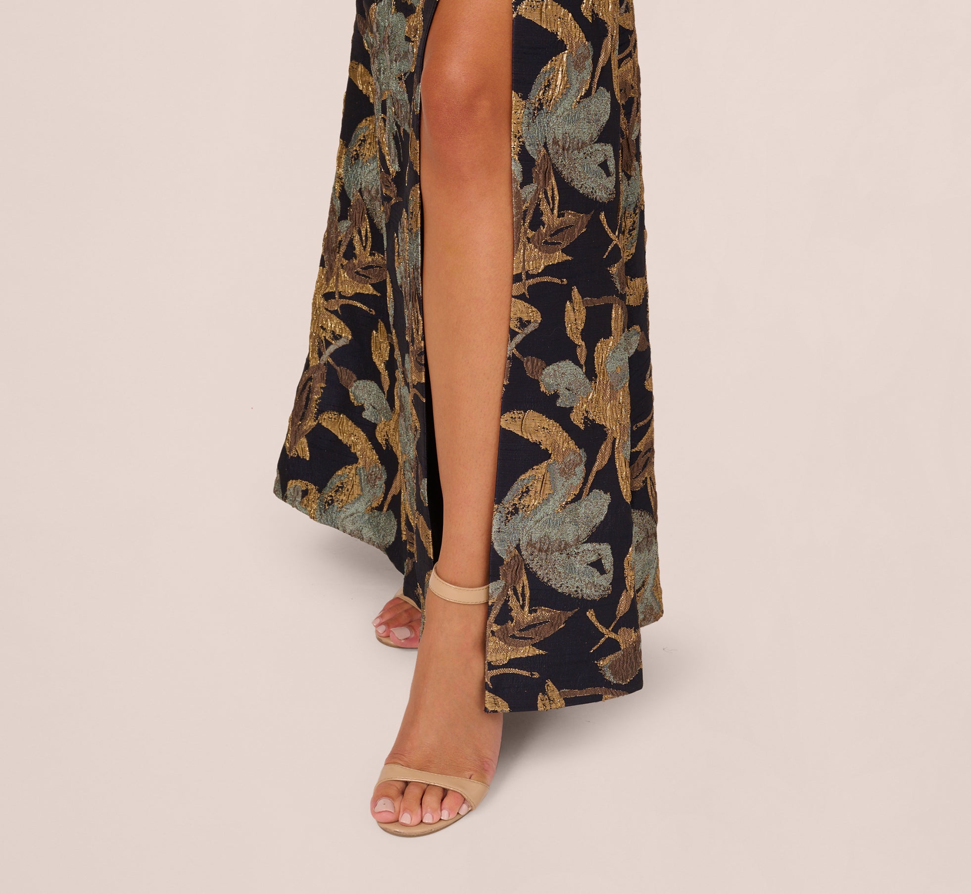 Blue Gold Adrianna Papell AP1E211592 One-Shoulder Long Jacquard Formal Floral Gown