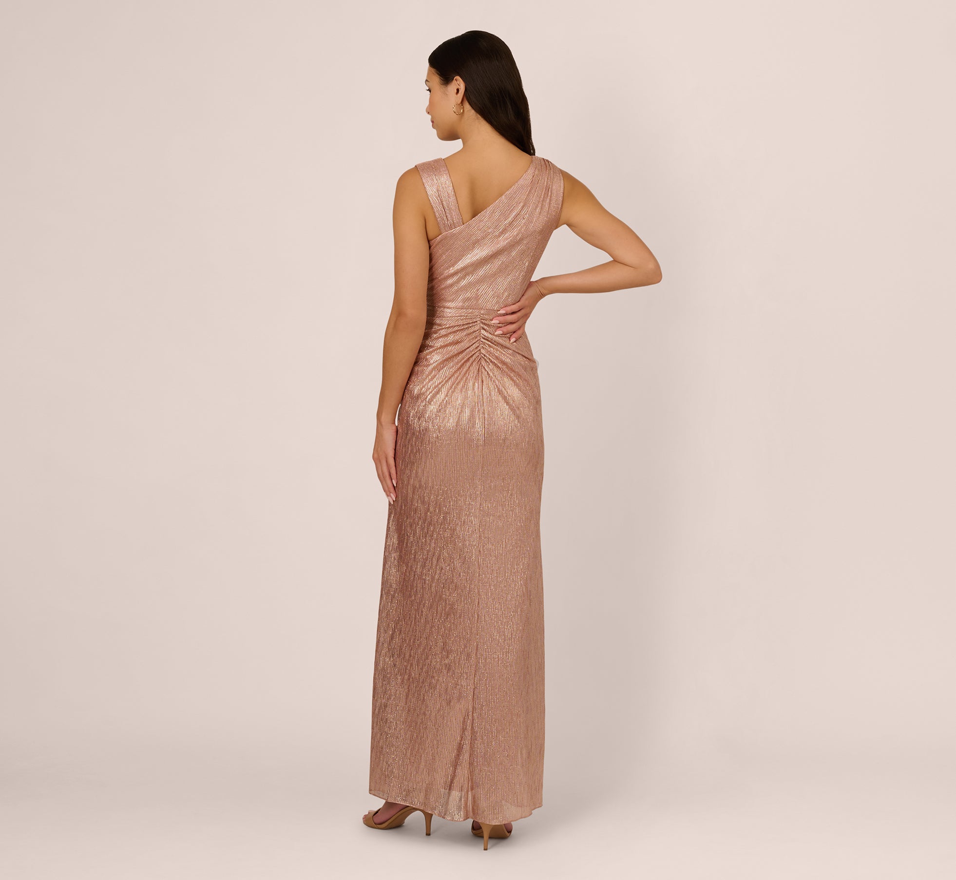 Rose Gold Adrianna Papell AP1E211804 One-Shoulder Long Metallic Gown Ruffle and Slit