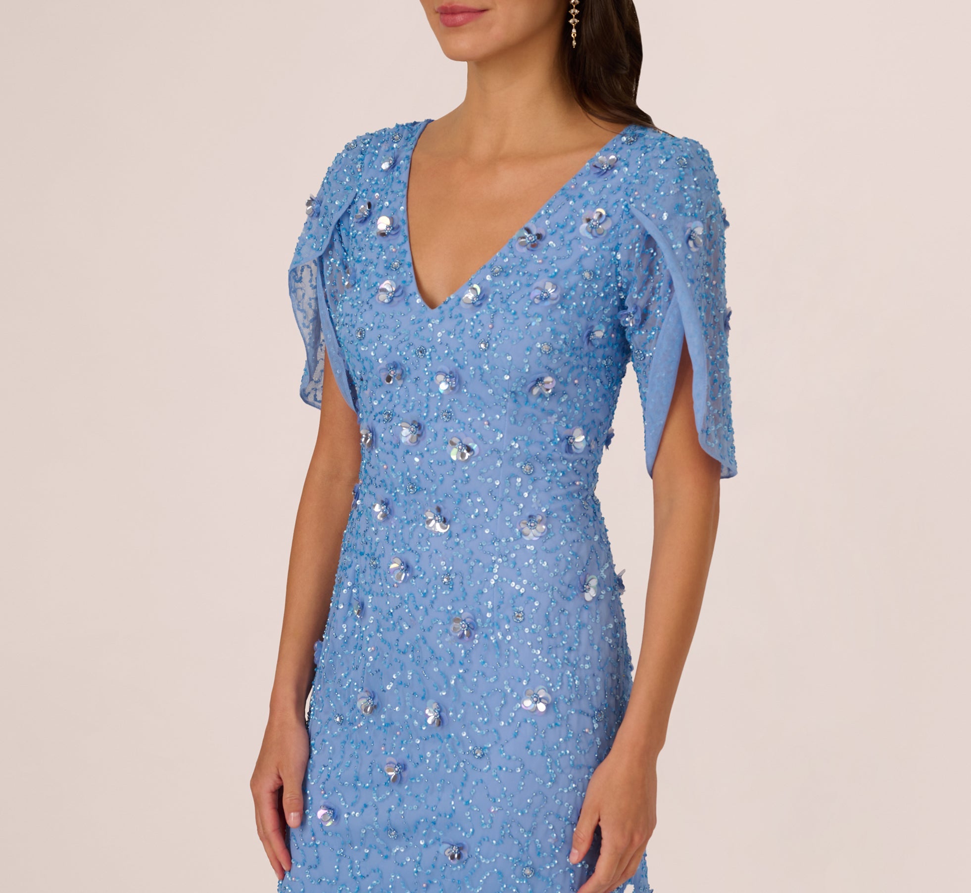 Blue Bell V-Neck Floor-Length Mesh Formal Mermaid Gown 3D Floral Beading and Tulip Sleeves Adrianna Papell AP1E212045