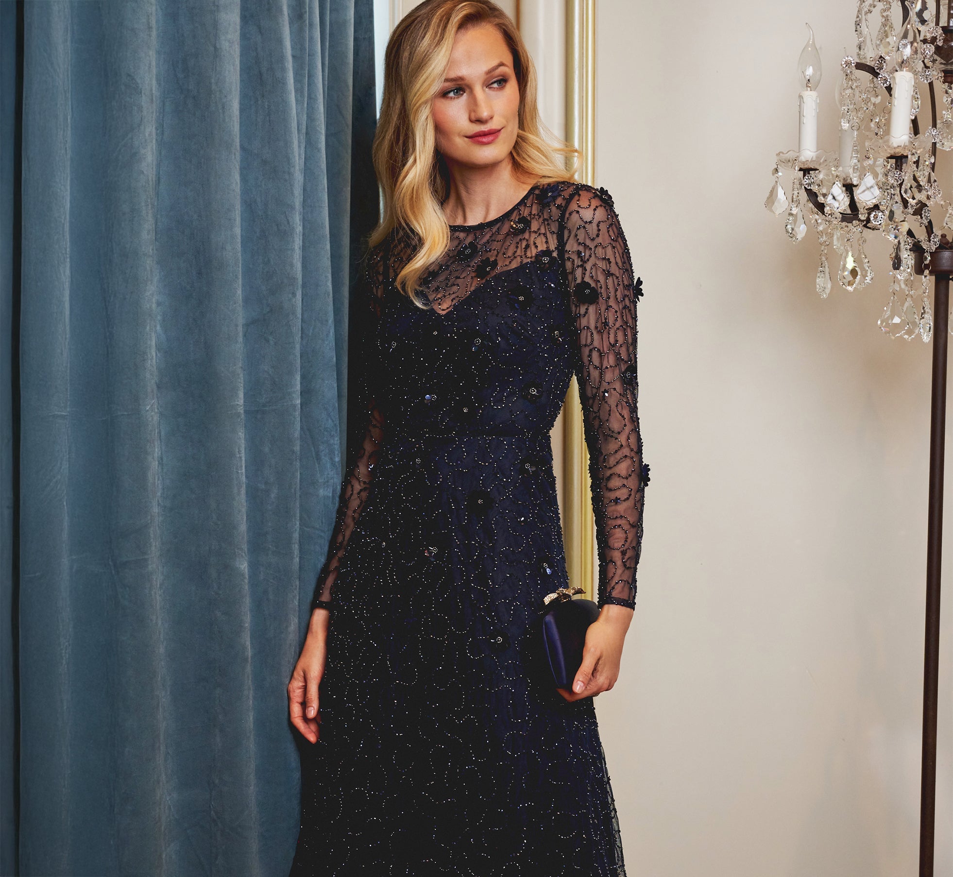 Midnight Jewel Neck Knee-Length Beaded Mesh Cocktail Dress with Long Sleeves Adrianna Papell AP1E212297