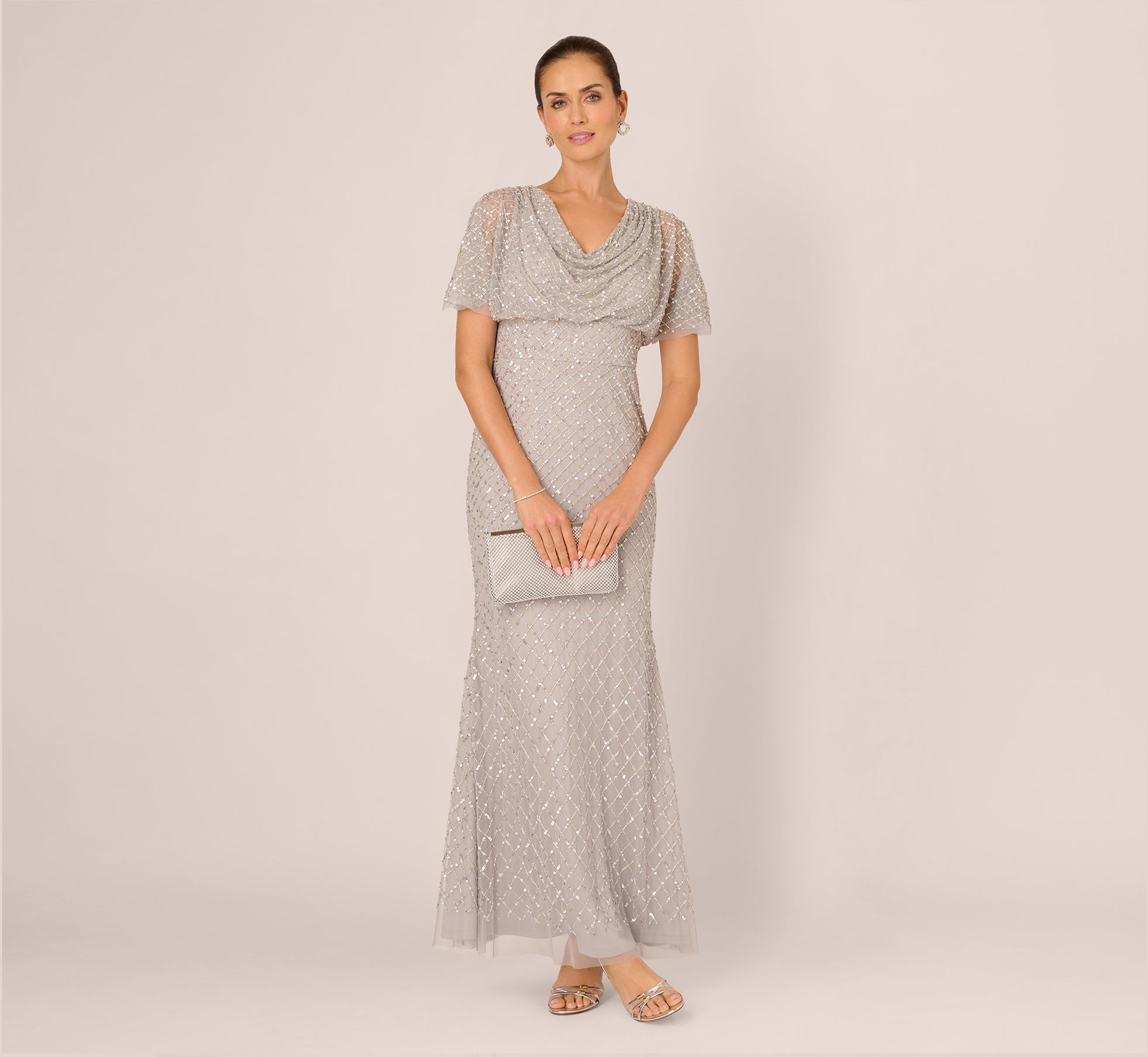 Short Sleeve Beaded Cowl Gown Adrianna Papell AP1E212966