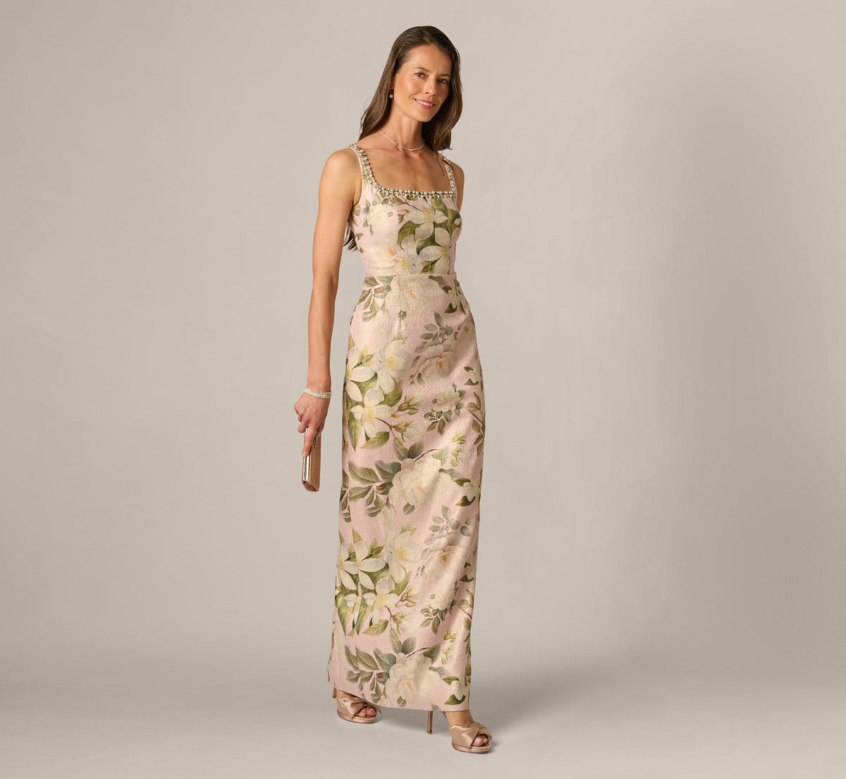 Beaded Square Neck Floral Jacquard Gown Adrianna Papell AP1E213017