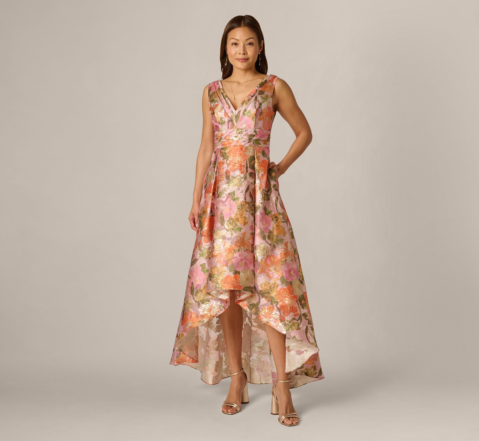 Adrianna Papell AP1E213364 Long Metallic Floral High Low Dress