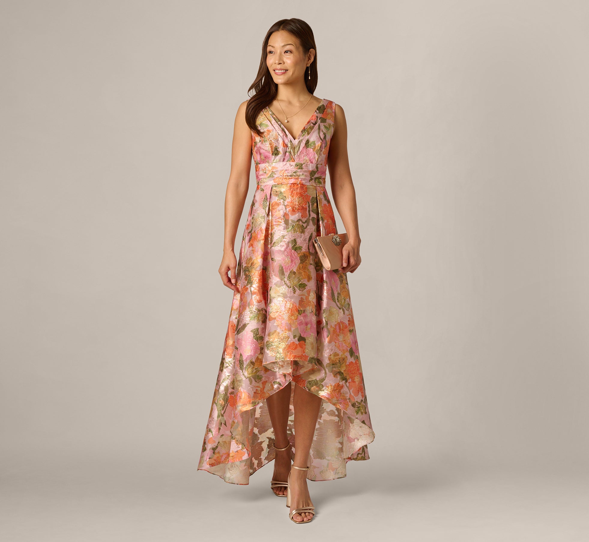 Adrianna Papell AP1E213364 Long Metallic Floral High Low Dress