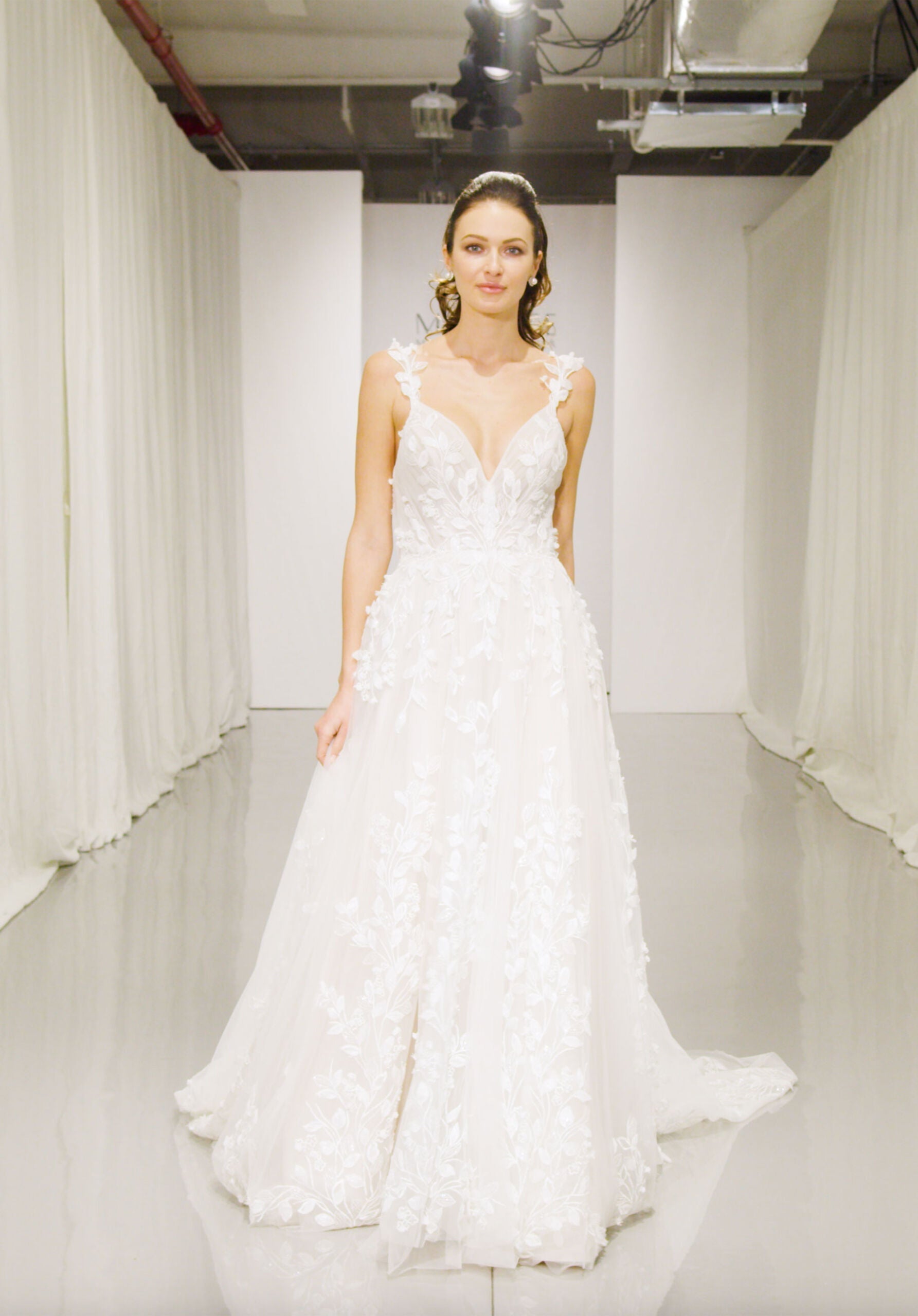 Wedding Dresses Long 3D Floral A Line Bridal Wedding Dress MGNY Madeline Gardner New York 2171 Ivory/Sand