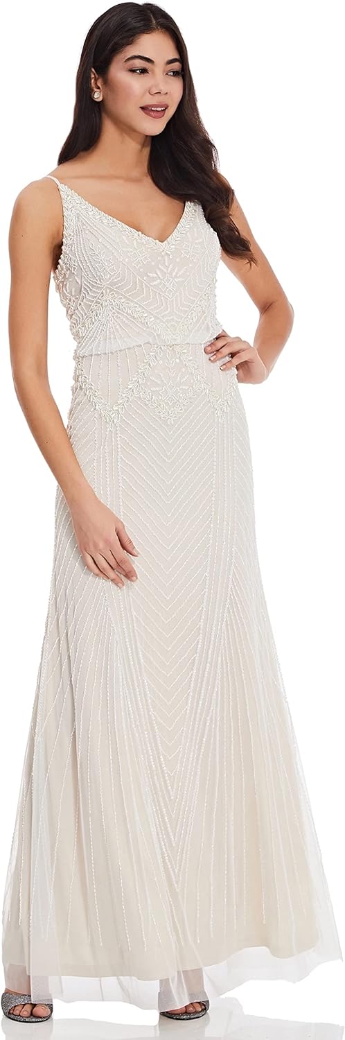 Ivory Adrianna Papell AP1E207245 V-Neck Long Mesh Gown with Popover Bodice