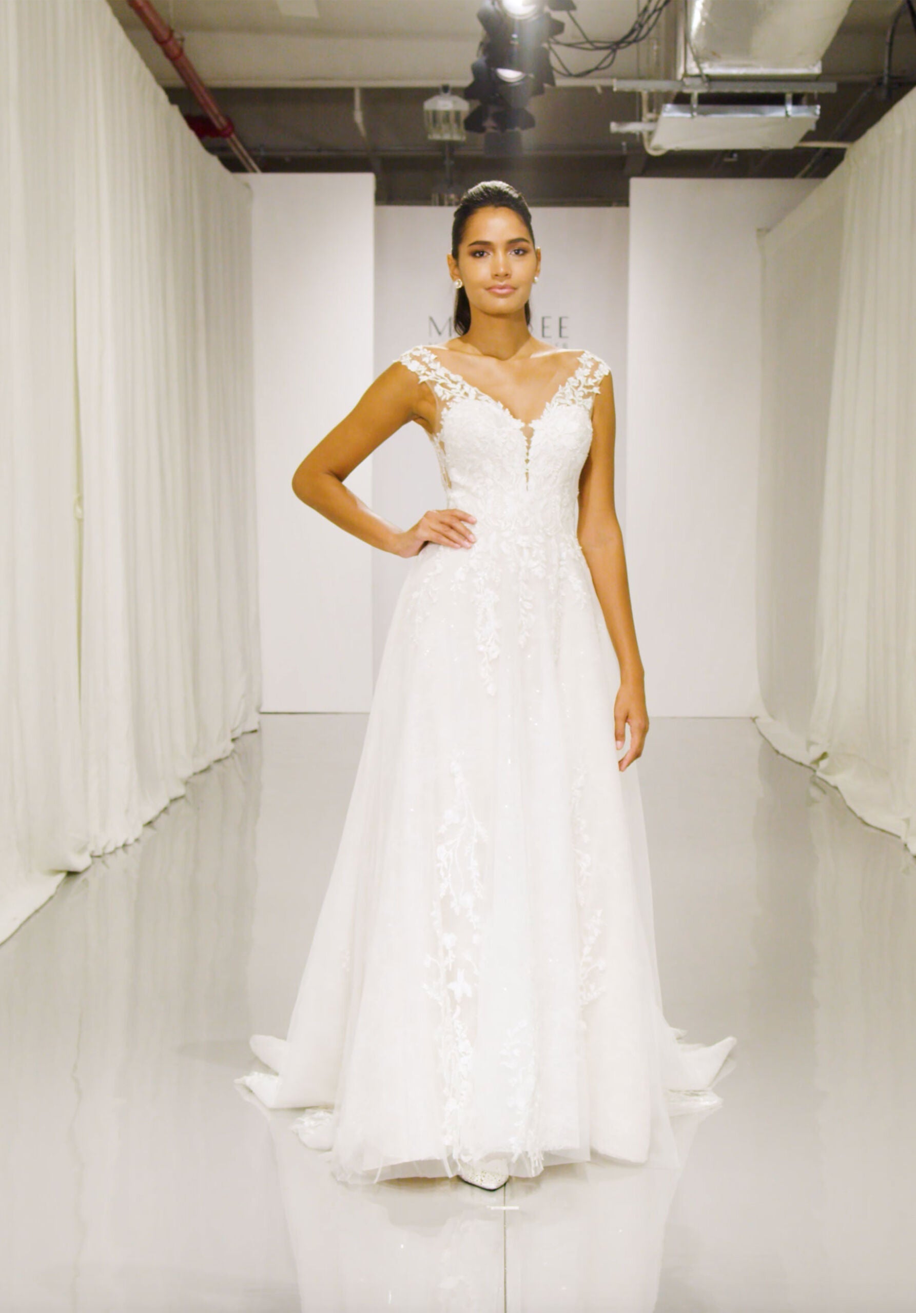 Wedding Dresses Long A Line Lace Wedding Dress MGNY Madeline Gardner New York 2191 Ivory/Creme/Honey