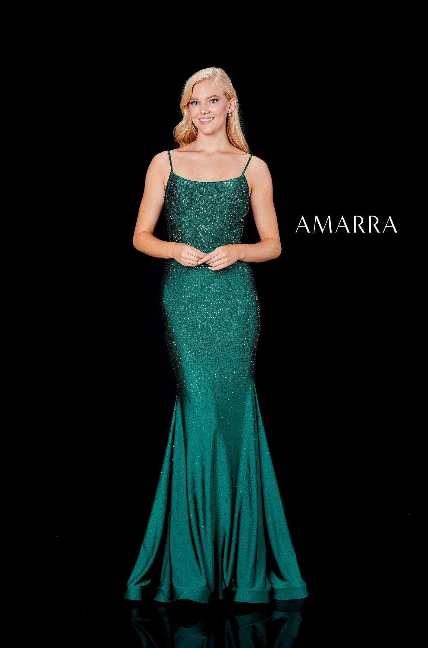 Emerald Scoop Neck Floor-Length Jersey Prom Dress with Open Back Mermaid Silhouette Amarra 20002