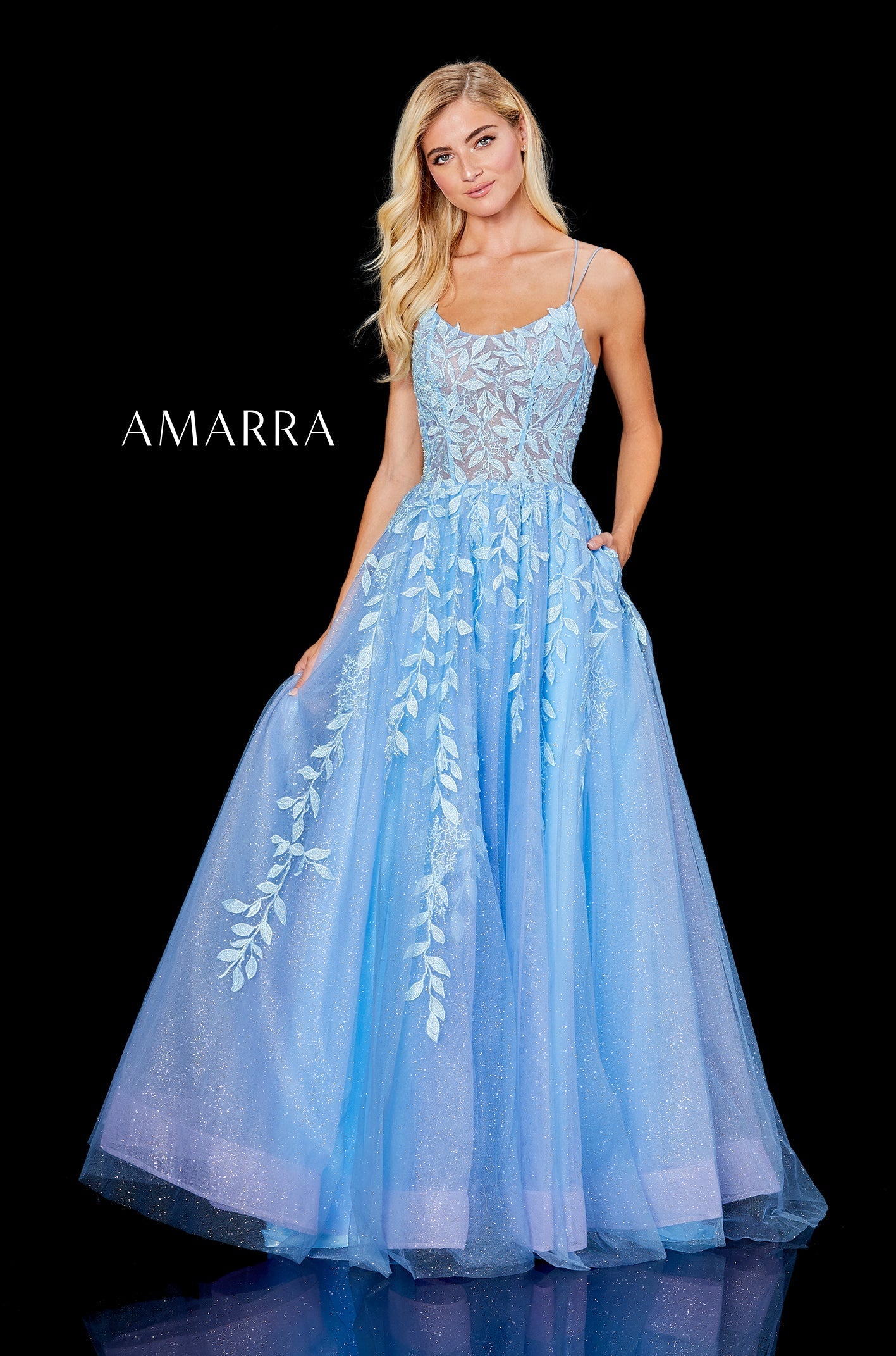 Electric Blue Scoop Neck Floor-Length Tulle Prom Dress with Lace Appliques A-Line Gown Amarra 20006