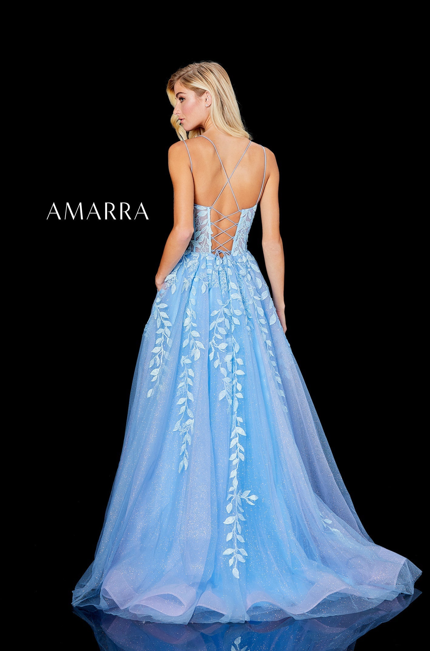 Electric Blue Scoop Neck Floor-Length Tulle Prom Dress with Lace Appliques A-Line Gown Amarra 20006