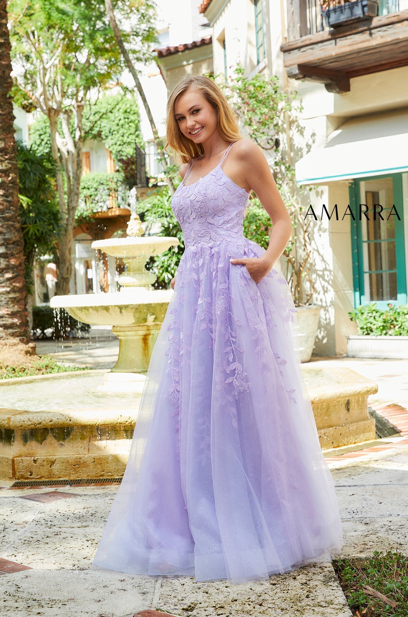 Lilac Scoop Neck Floor-Length Tulle Prom Dress with Lace Appliques A-Line Gown Amarra 20006