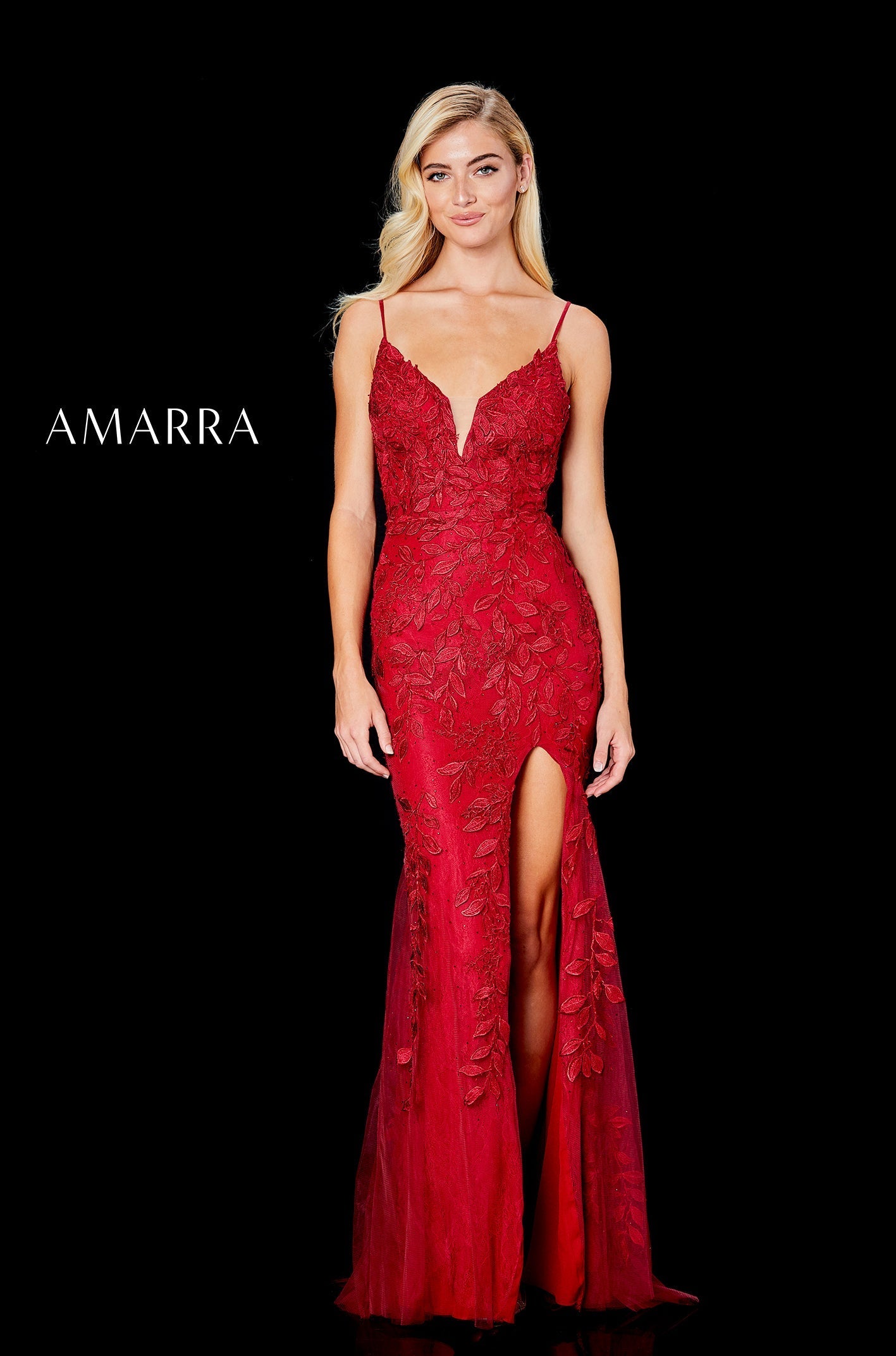 Red V-Neck Floor-Length Lace Prom Dress with Open Back and High Slit Amarra 20042