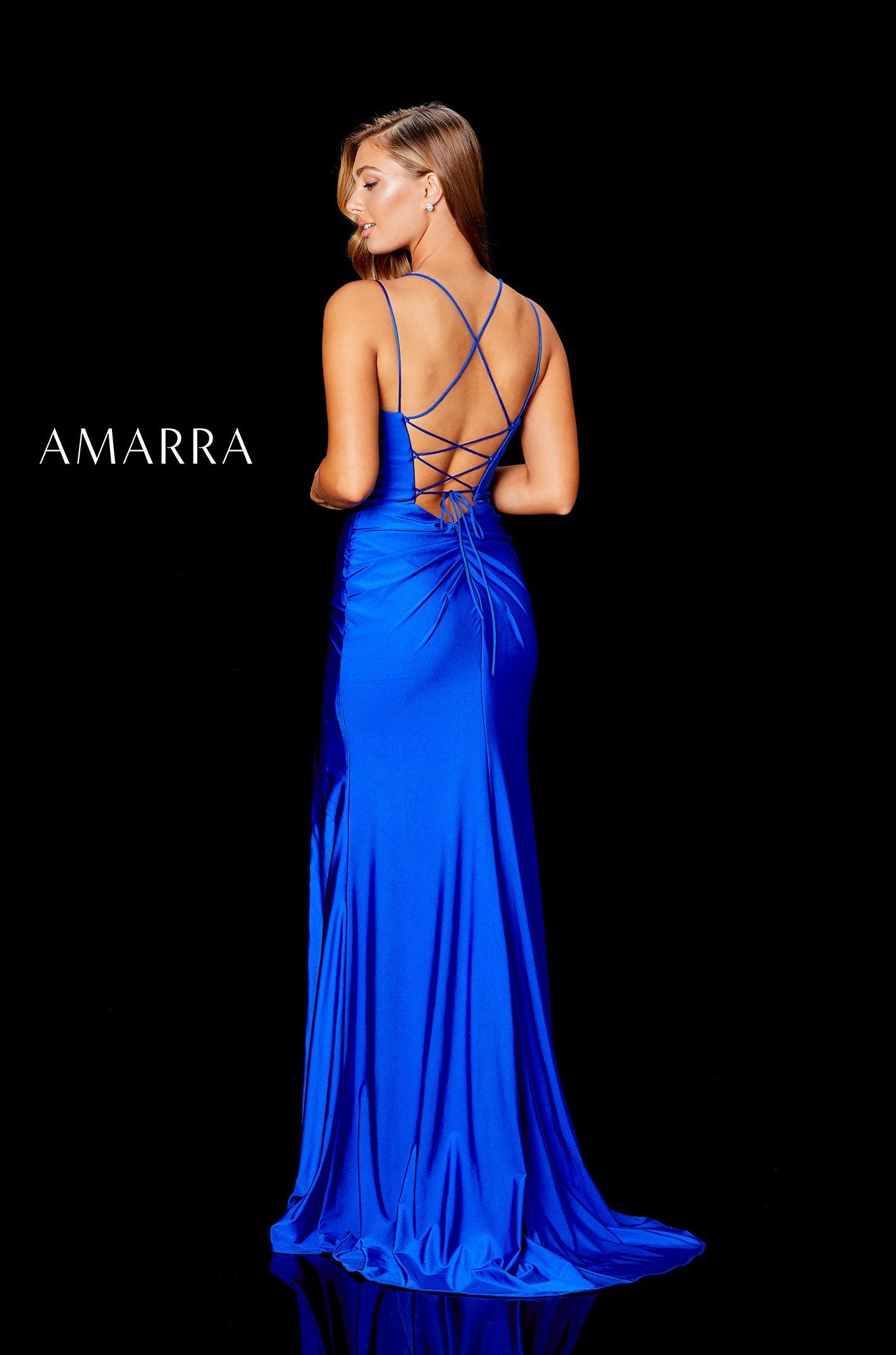 Cobalt Scoop Neck Floor-Length Tulle Prom Dress with Lace Appliques A-Line Gown Amarra 20070