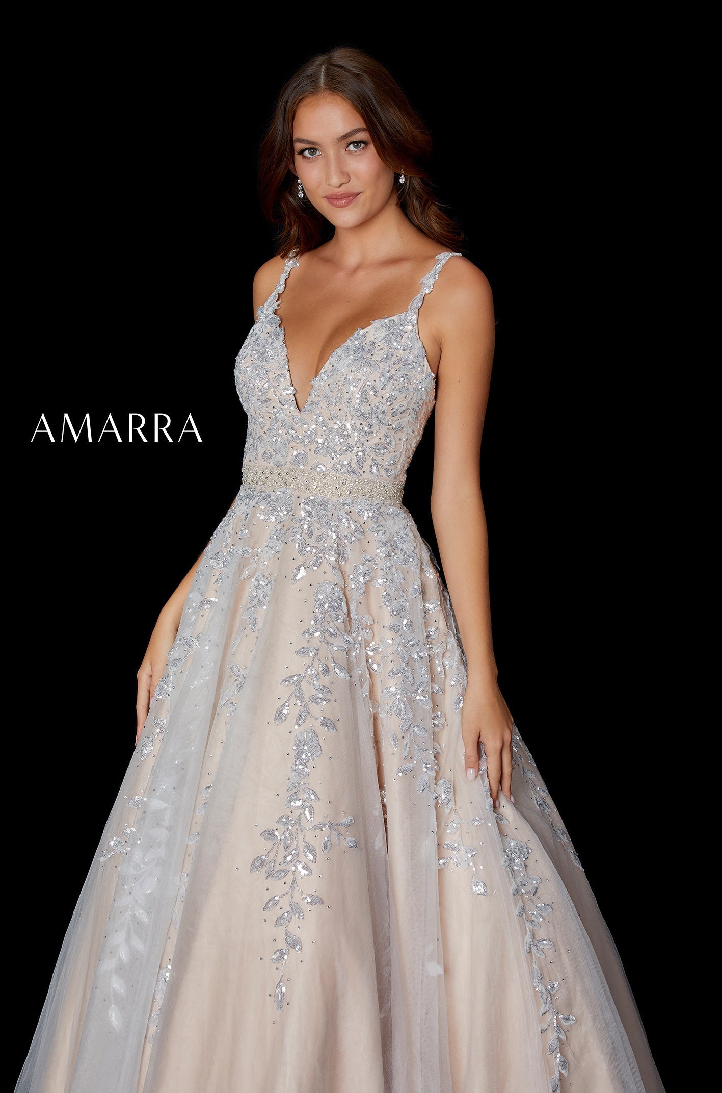Champagne/Silver V-Neck Floor-Length Tulle Prom Ball Gown with Lace Appliqué Amarra 20131