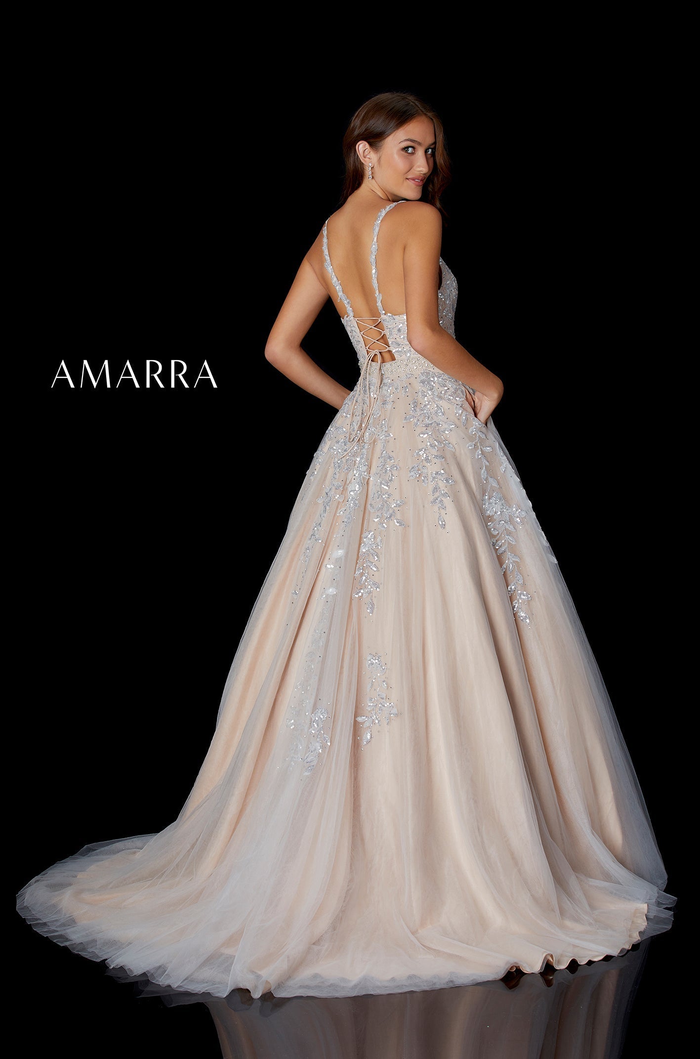 Champagne/Silver V-Neck Floor-Length Tulle Prom Ball Gown with Lace Appliqué Amarra 20131