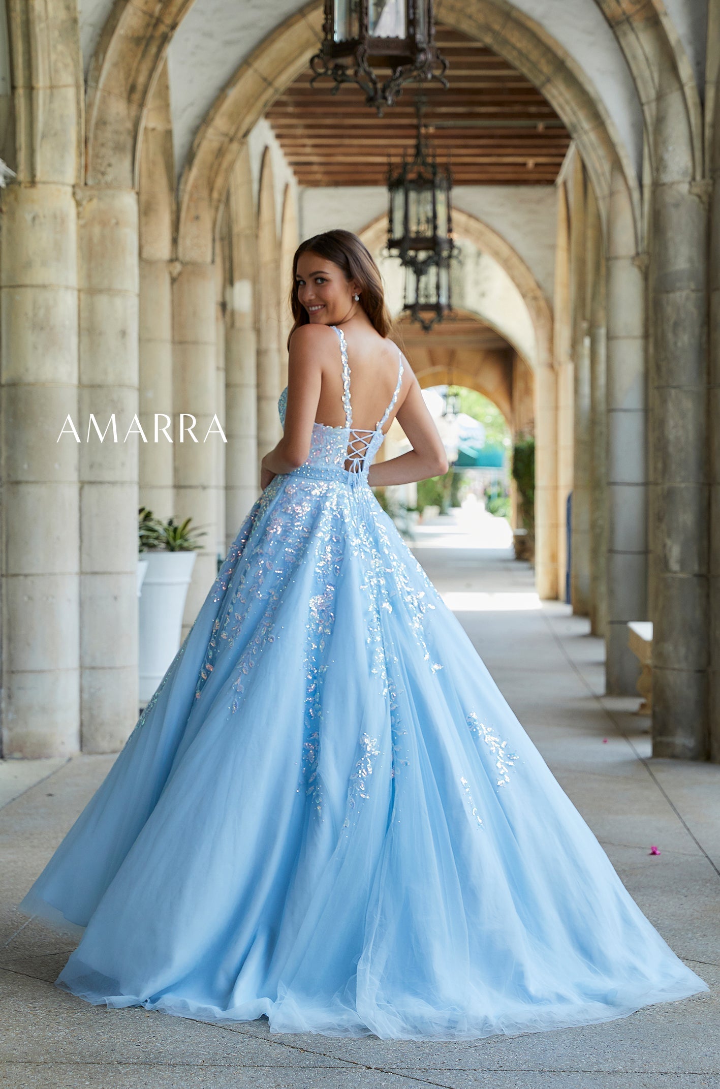 Light Blue V-Neck Floor-Length Tulle Prom Ball Gown with Lace Appliqué Amarra 20131