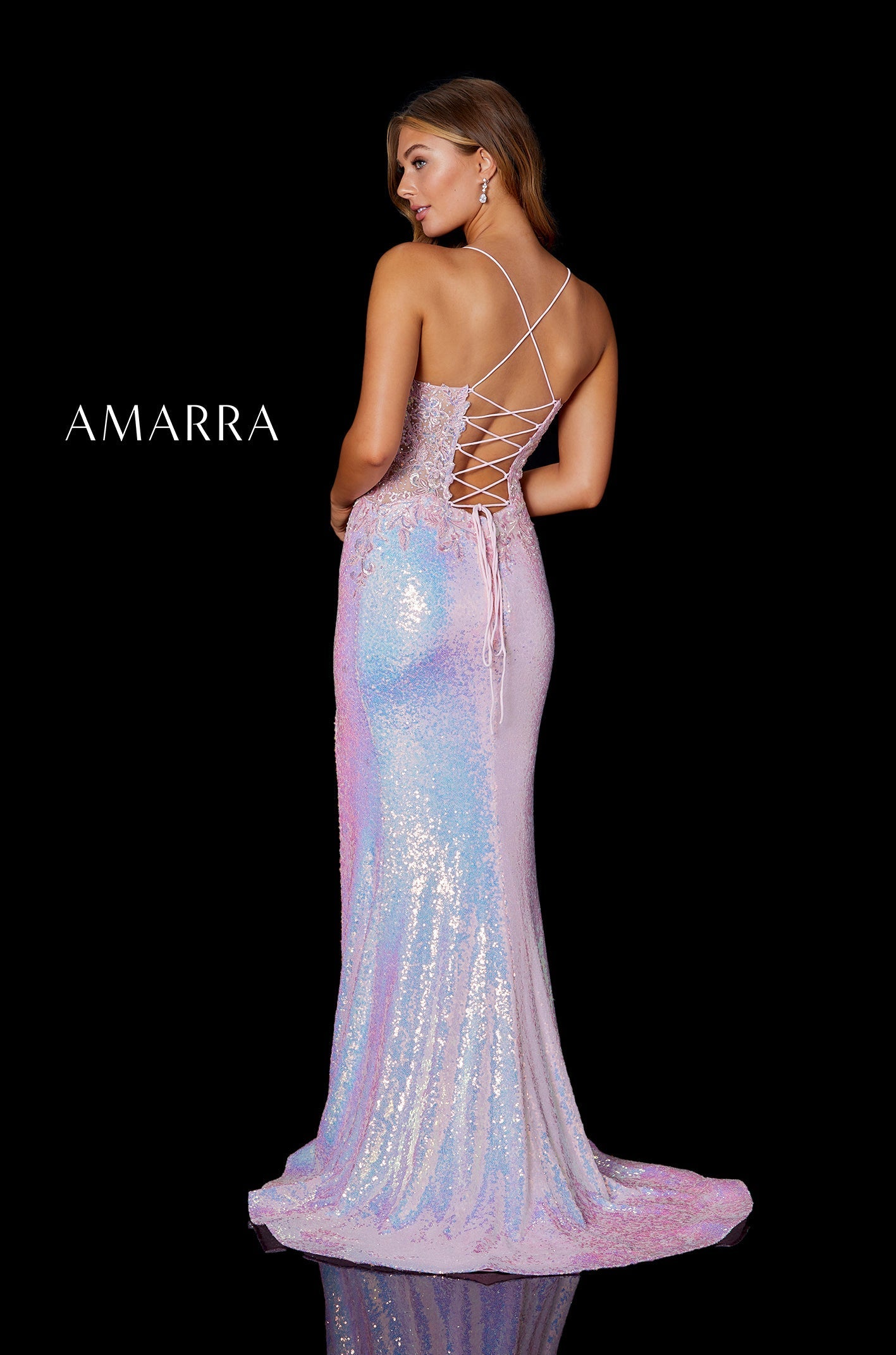 Candy Pink Square Neck Floor-Length Sequin Prom Dress with Side Slit and Lace-Up Back Amarra 87211