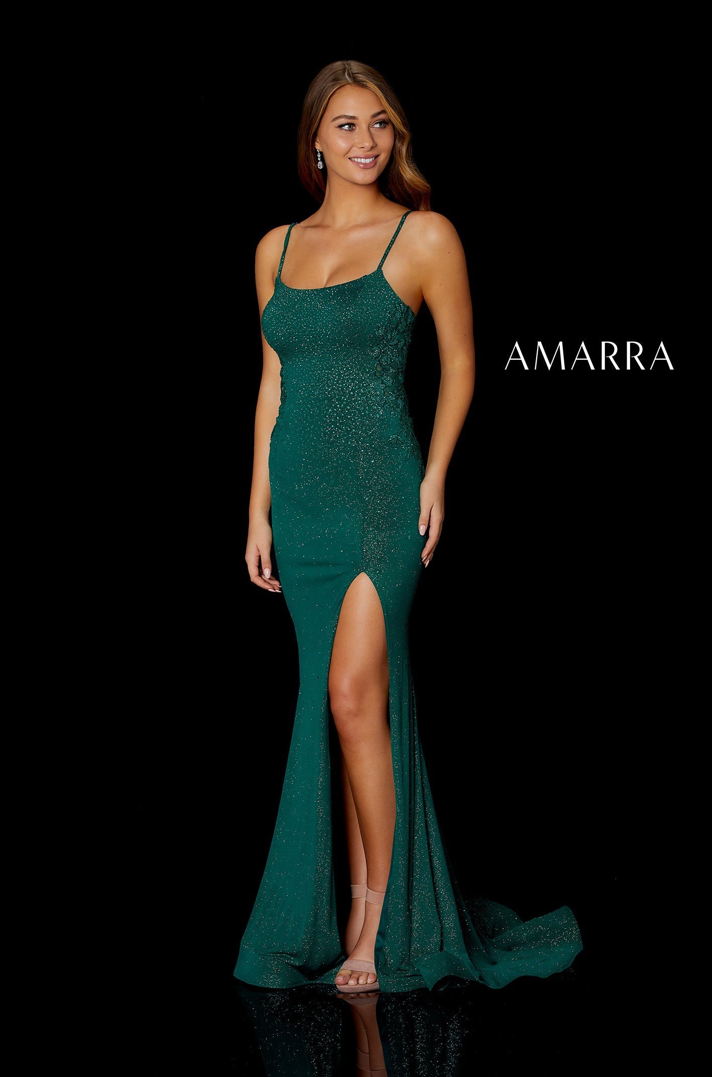 Emerald Square Neck Floor-Length Jersey Prom Dress with Side Slit and Lace-Up Back Amarra 87258