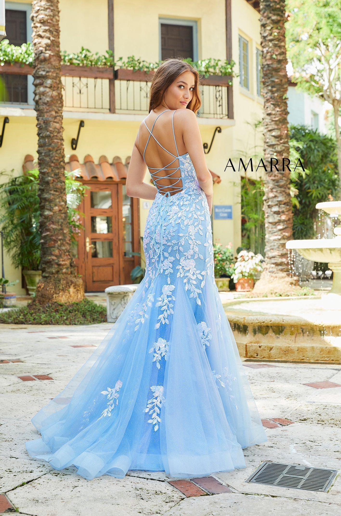 Light Blue V-Neck Floor-Length Tulle Prom Dress with Floral Lace Appliques Mermaid Gown Amarra 87317