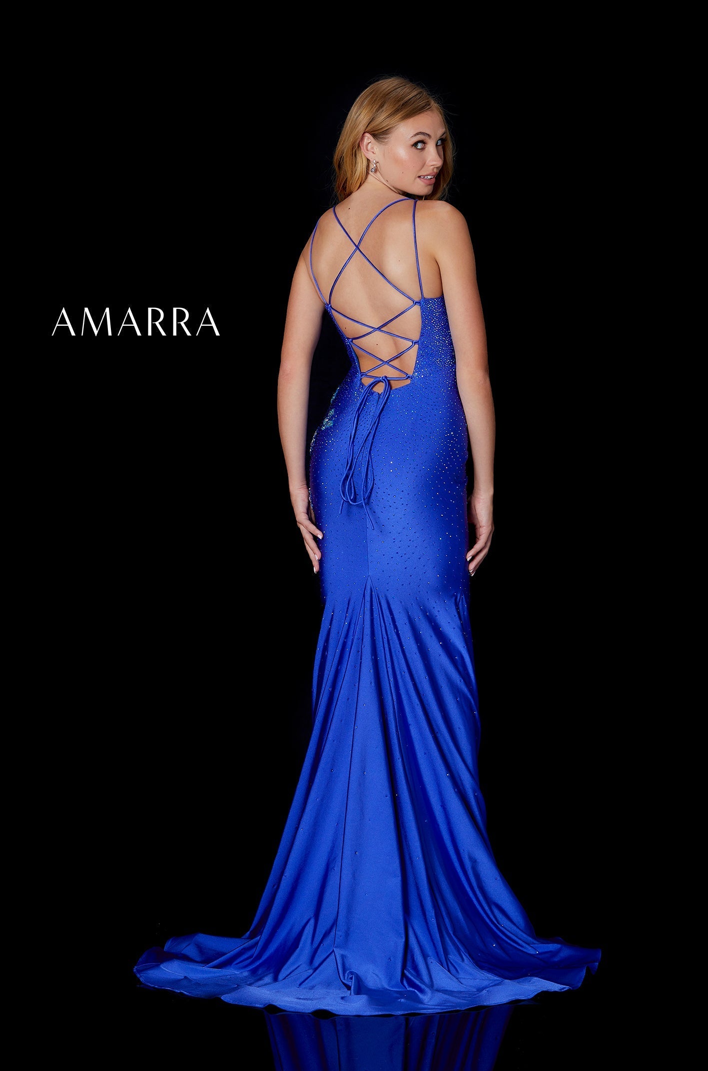Royal Blue Square Neck Floor-Length Jersey Prom Dress with Side Slit and Butterfly Appliqués Amarra 87341