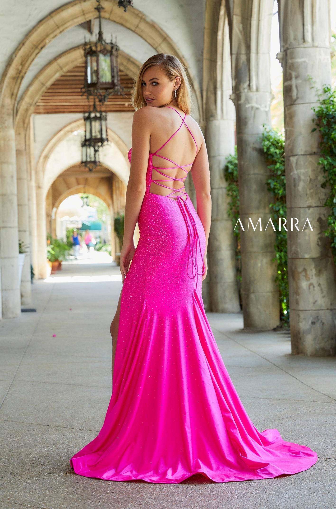 Hot Pink V-Neck Floor-Length Shimmer Jersey Prom Dress with Side Slit and Lace-Up Back Amarra 87353