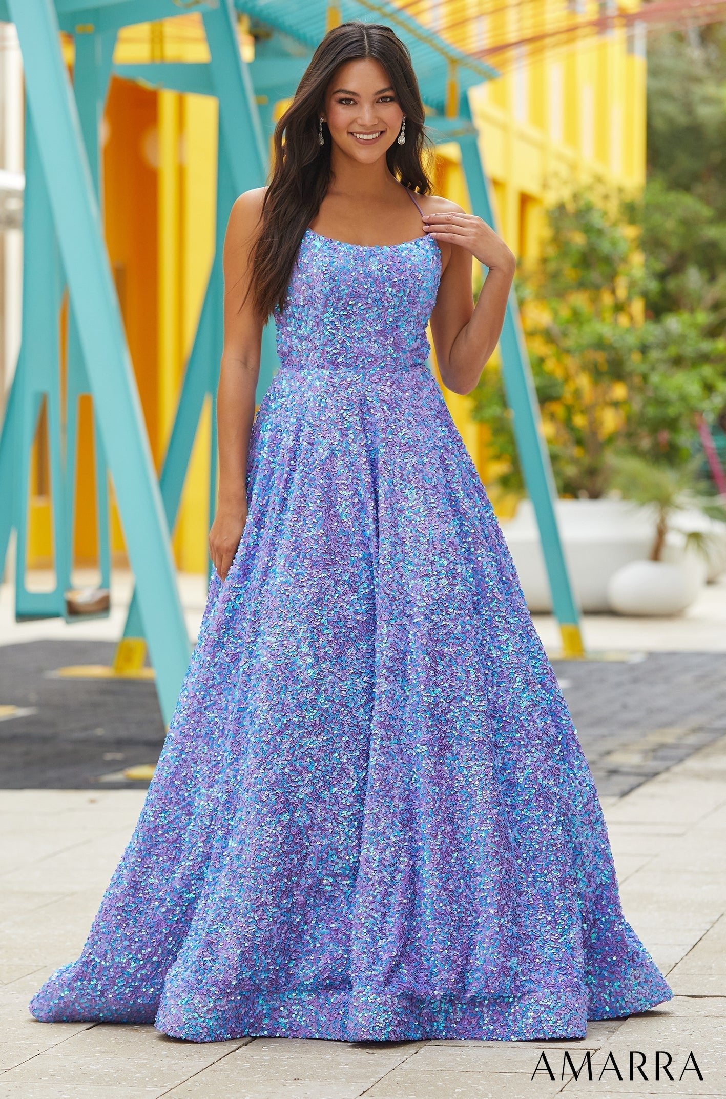 Periwinkle Scoop Neck Floor-Length Sequin Prom Ball Gown with Criss-Cross Back Amarra 88502