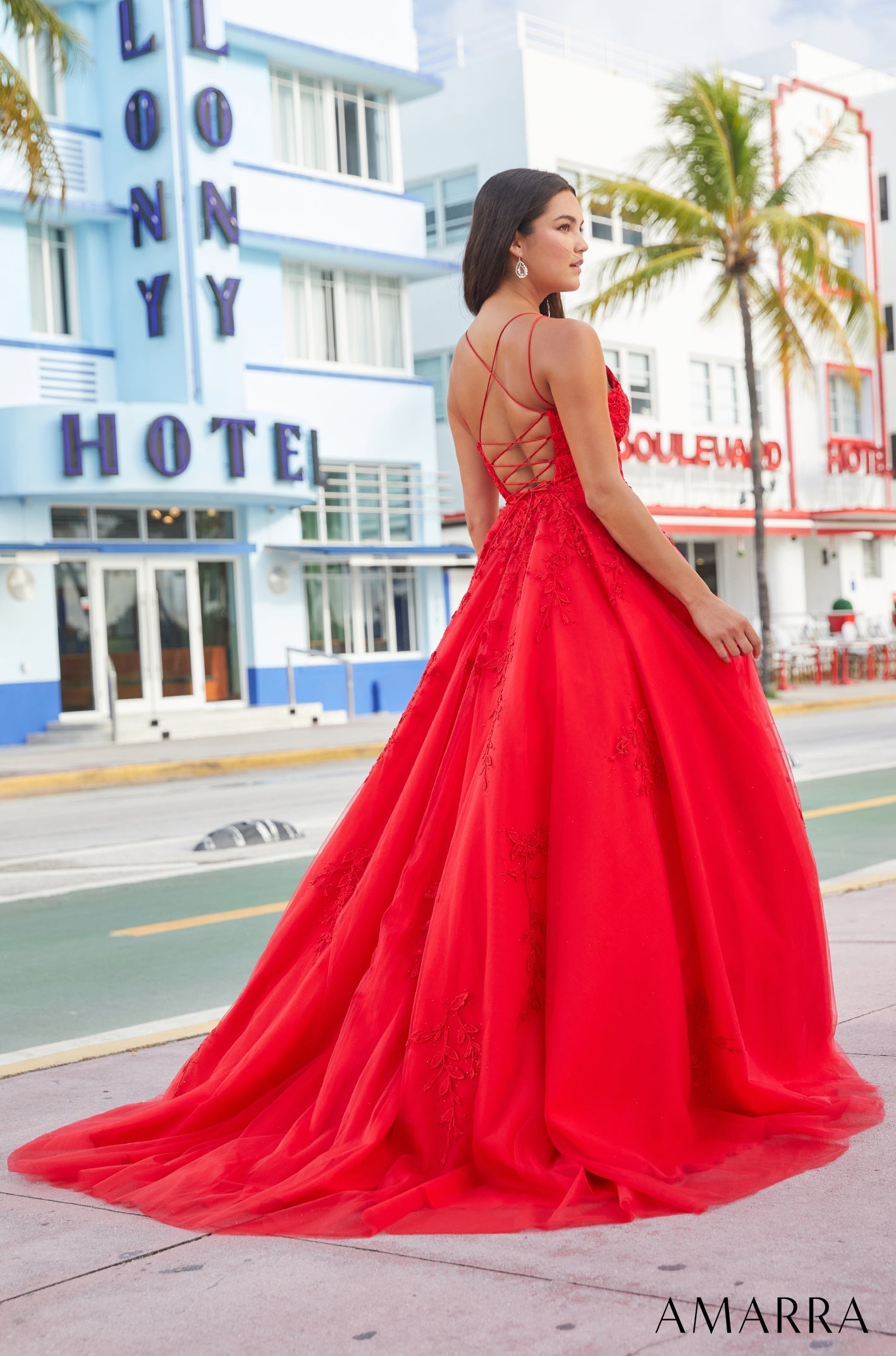 Red V Neck Floor Length Tulle Prom Dress with Lace Ball Gown Skirt Amarra 88510