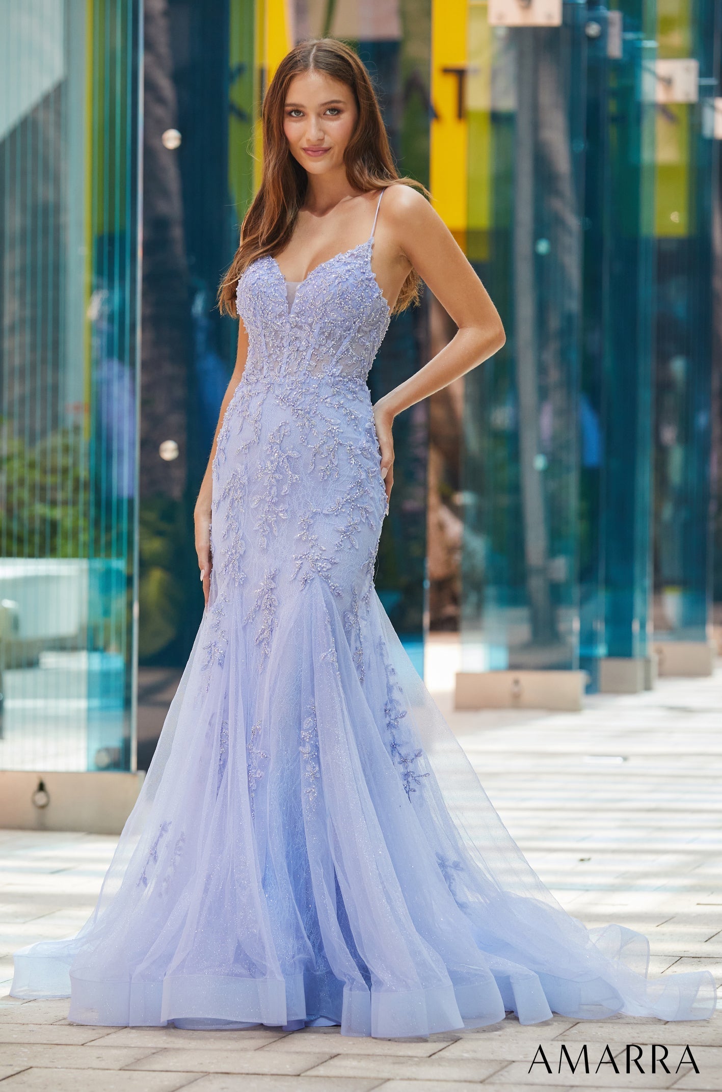 Periwinkle V-Neck Floor-Length Tulle Prom Dress with Lace Appliqué and Mermaid Silhouette Amarra 88521