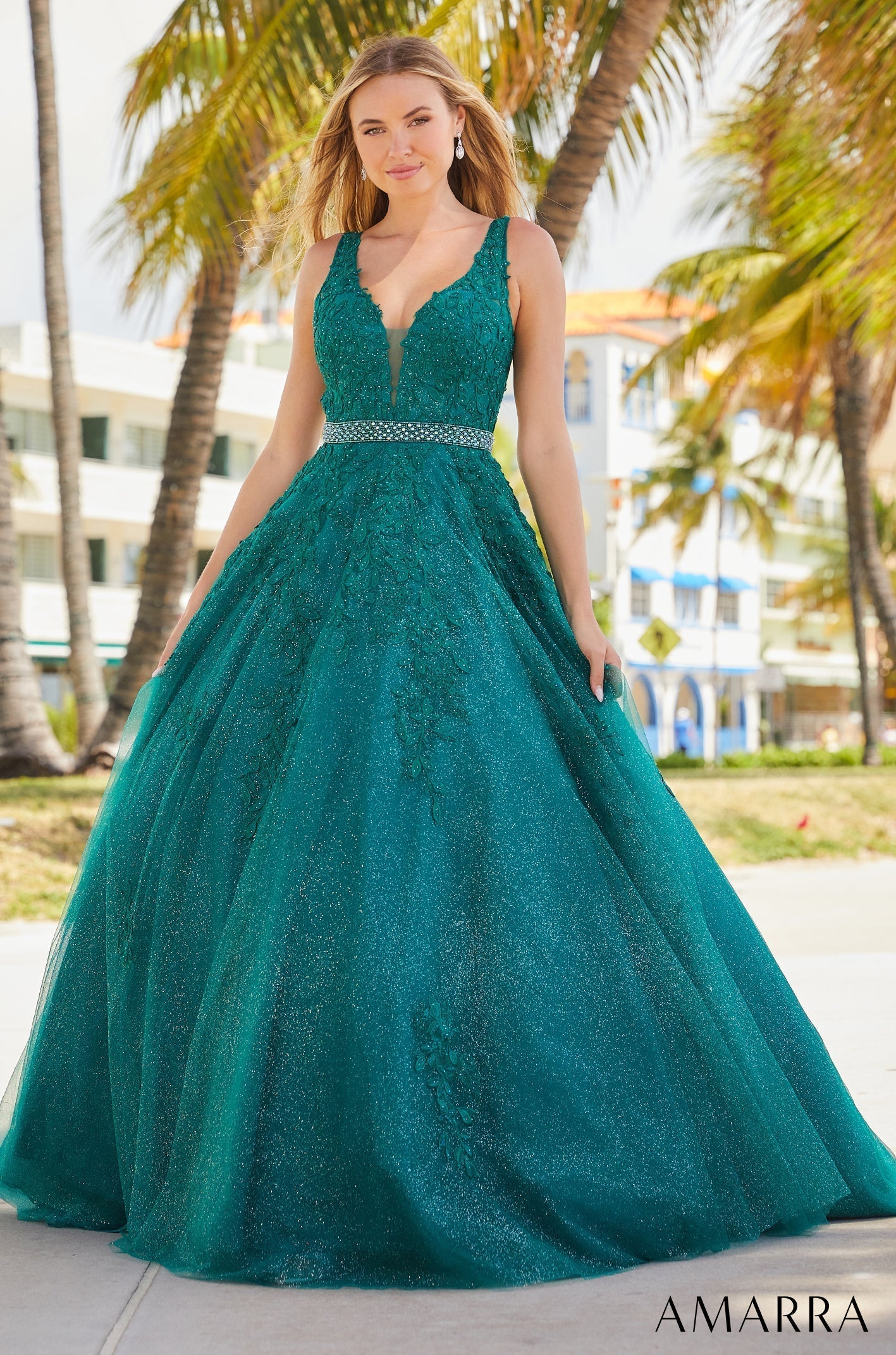 Emerald V-Neck Floor-Length Glitter Ball Gown with Floral Appliqué and Beaded Waist Amarra 88523