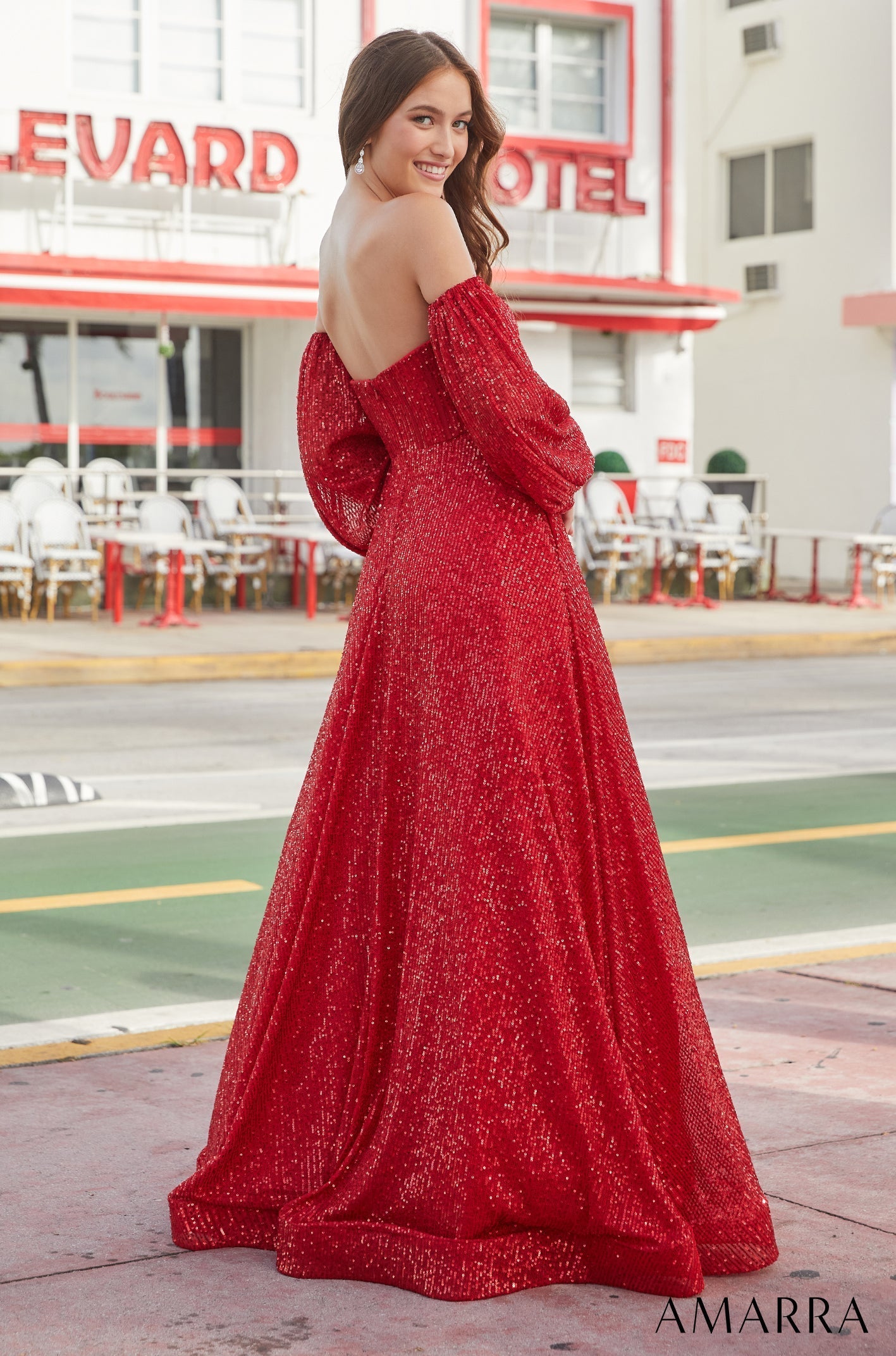 Red Sweetheart Floor-Length Sequin Ball Gown with Detachable Bishop Sleeves Amarra 88526