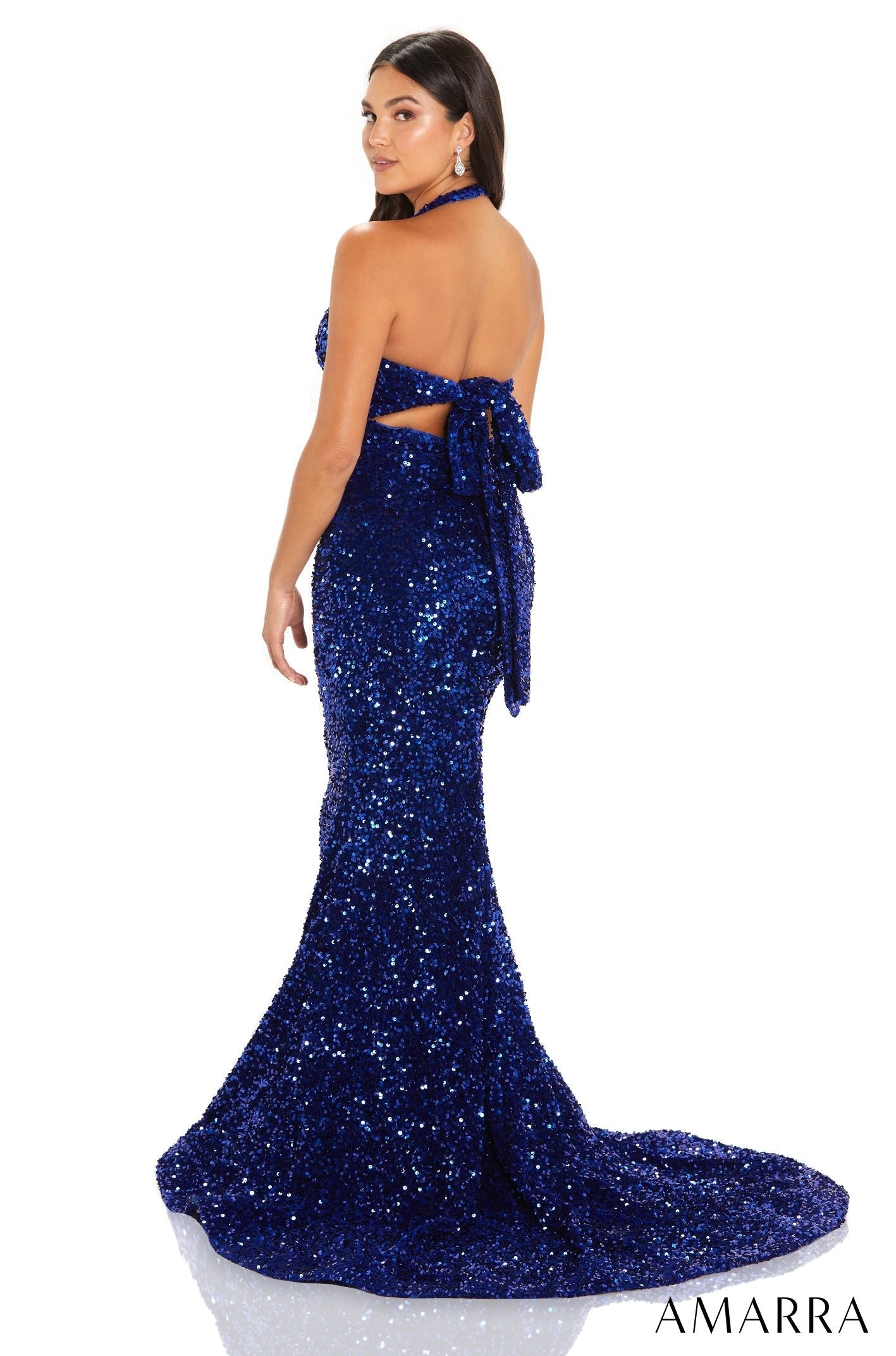 Royal Blue Halter-Neck Floor-Length Velvet Sequin Prom Gown with Lace-Up Bow Back Amarra 88533