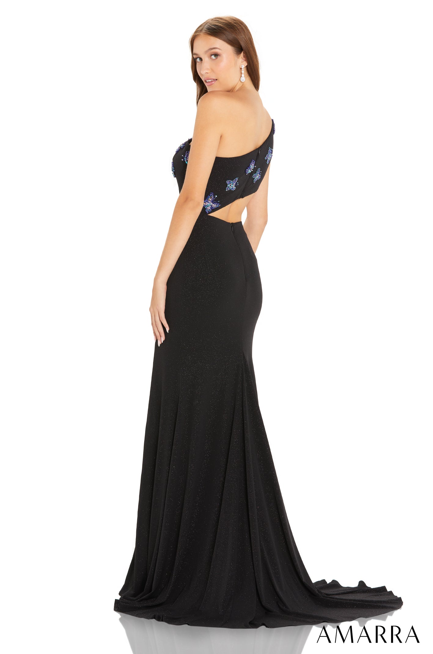 Black One-Shoulder Floor-Length Jersey Prom Dress with Side Cutout and Butterfly Appliqué Amarra 88541