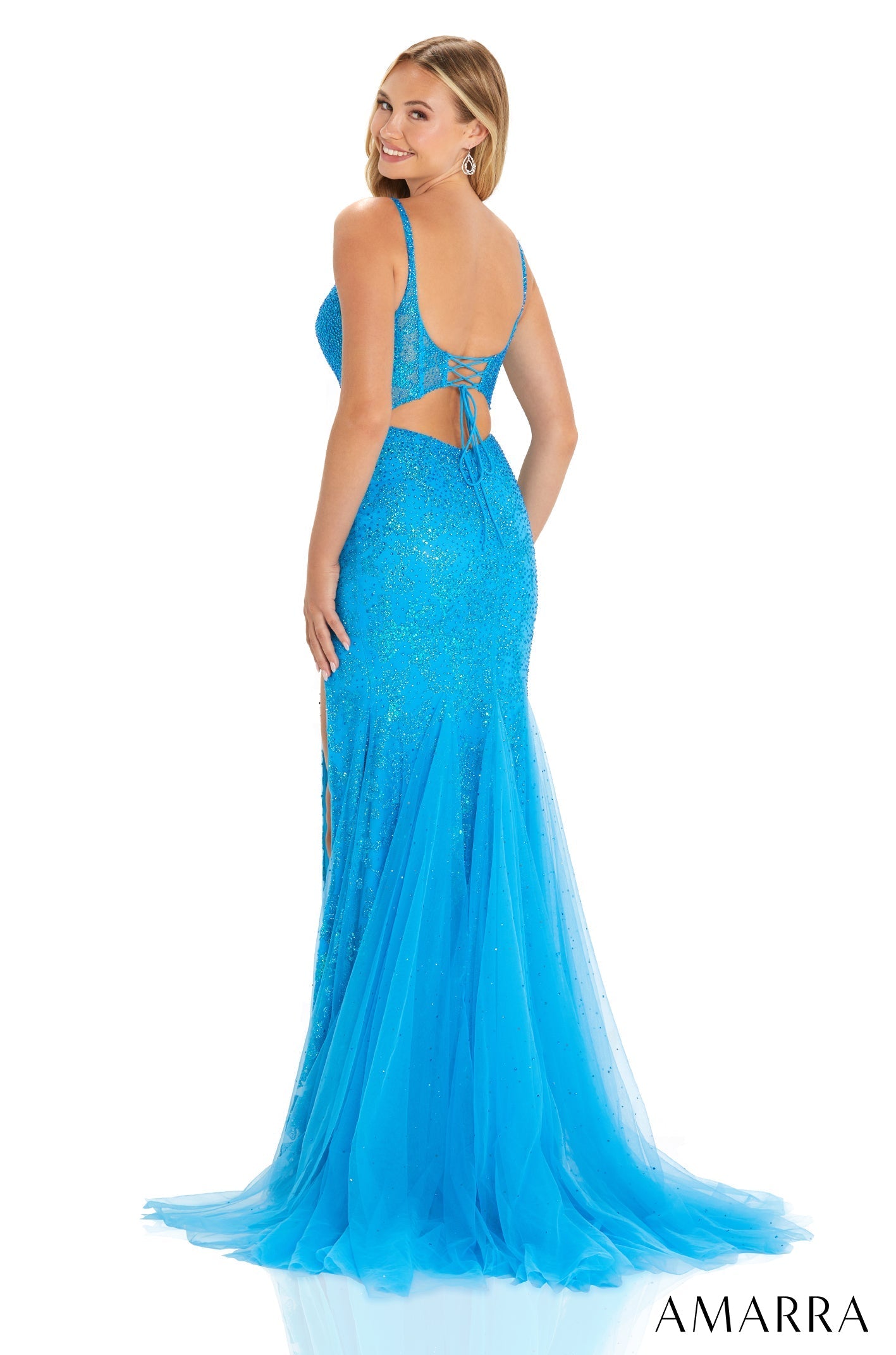 Peacock V-Neck Floor-Length Tulle Prom Dress with High Slit and Lace-Up Back Amarra 88544