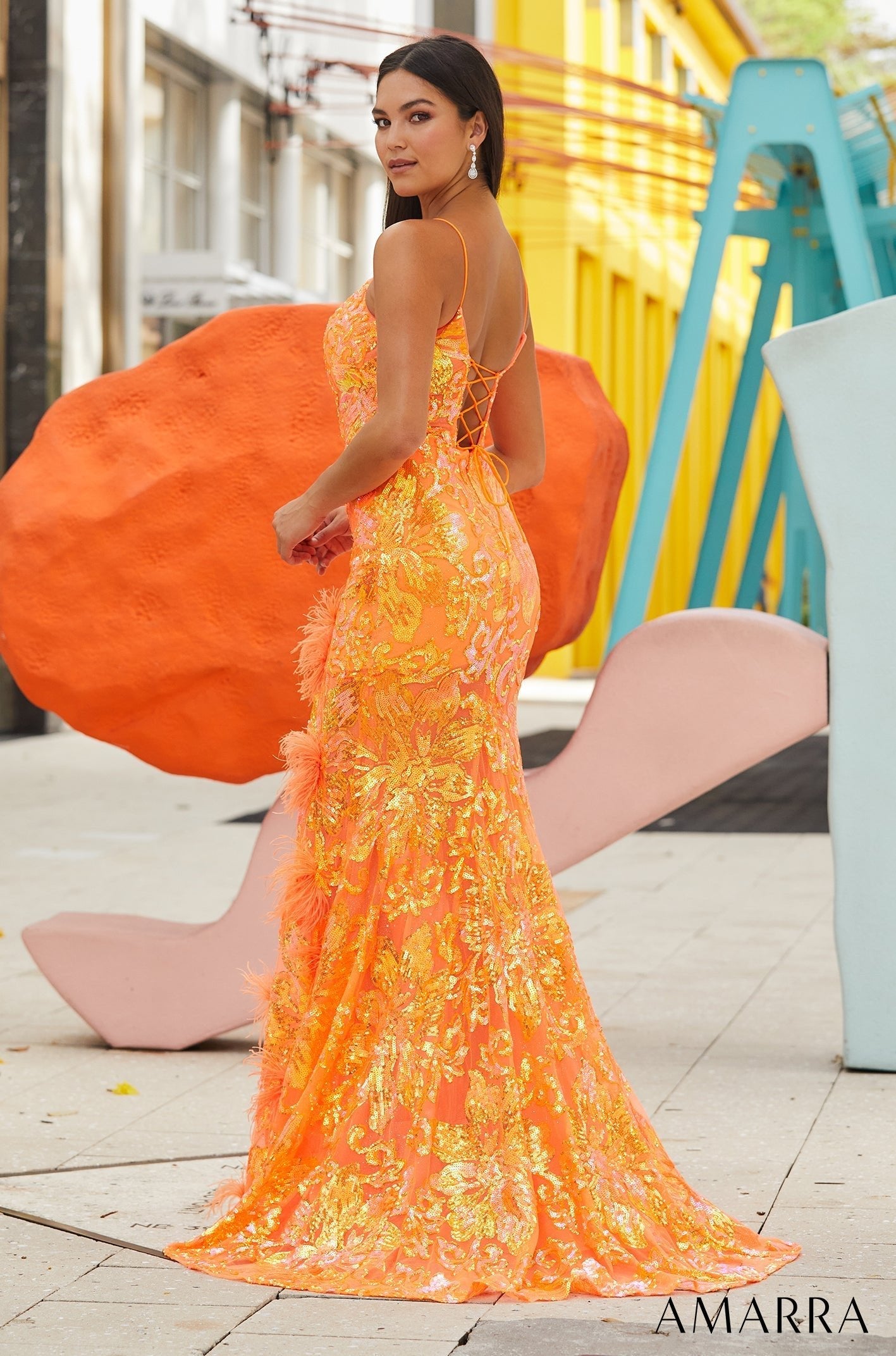 Neon Orange Scoop Neck Floor-Length Sequin Prom Dress with Feather Trim and High Slit Amarra 88552